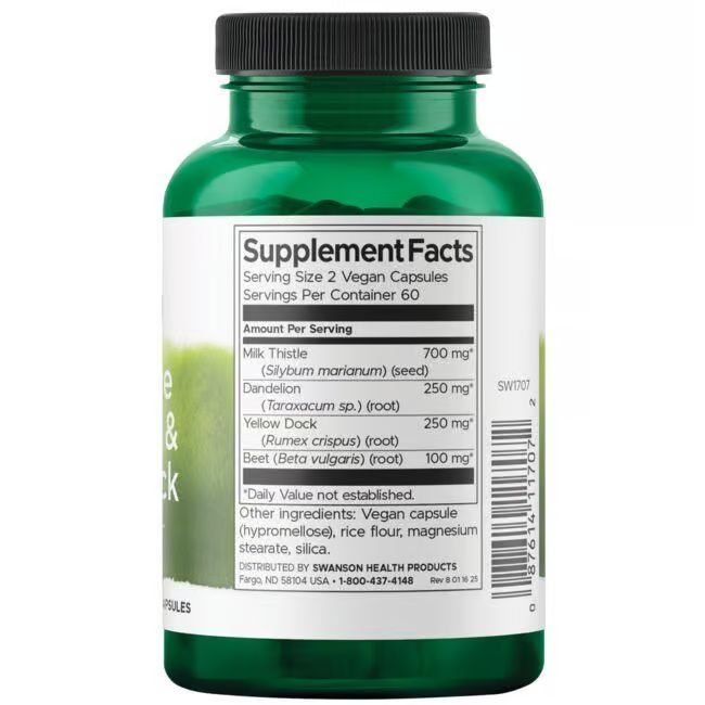 Rückseite der grünen Flasche. Aufschrift: Supplement Facts. Enthält Mariendistel, Löwenzahn, Gelber Ampfer und Rote Bete.