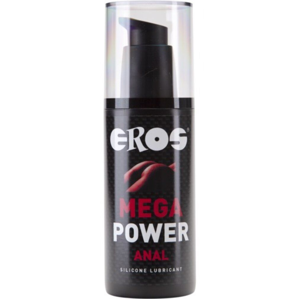 Schwarze Flasche mit Pumpe. Aufschrift: EROS MEGA POWER ANAL SILICONE LUBRICANT. Transparentes Etikett.