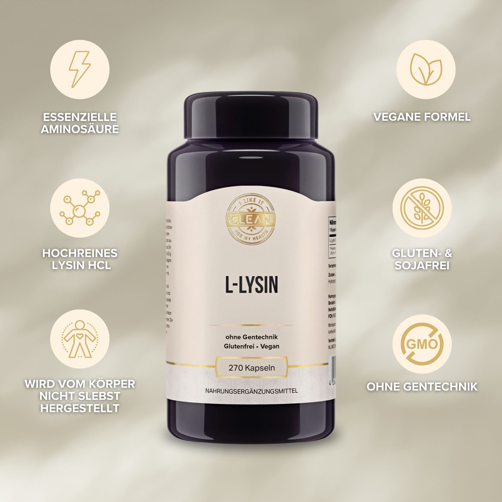 Dunkle Flasche mit L-Lysin-Kapseln. Aufschrift: L-LYSIN, 270 Kapseln. Vegan, glutenfrei, ohne Gentechnik. Zusätzliche Symbole.