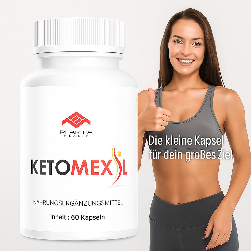 Weiße Flasche mit Kapseln und Frau mit Daumen hoch. Aufschrift: Pharma Health, Ketomexil, Nahrungsergänzungsmittel, Inhalt: 60 Kapseln.