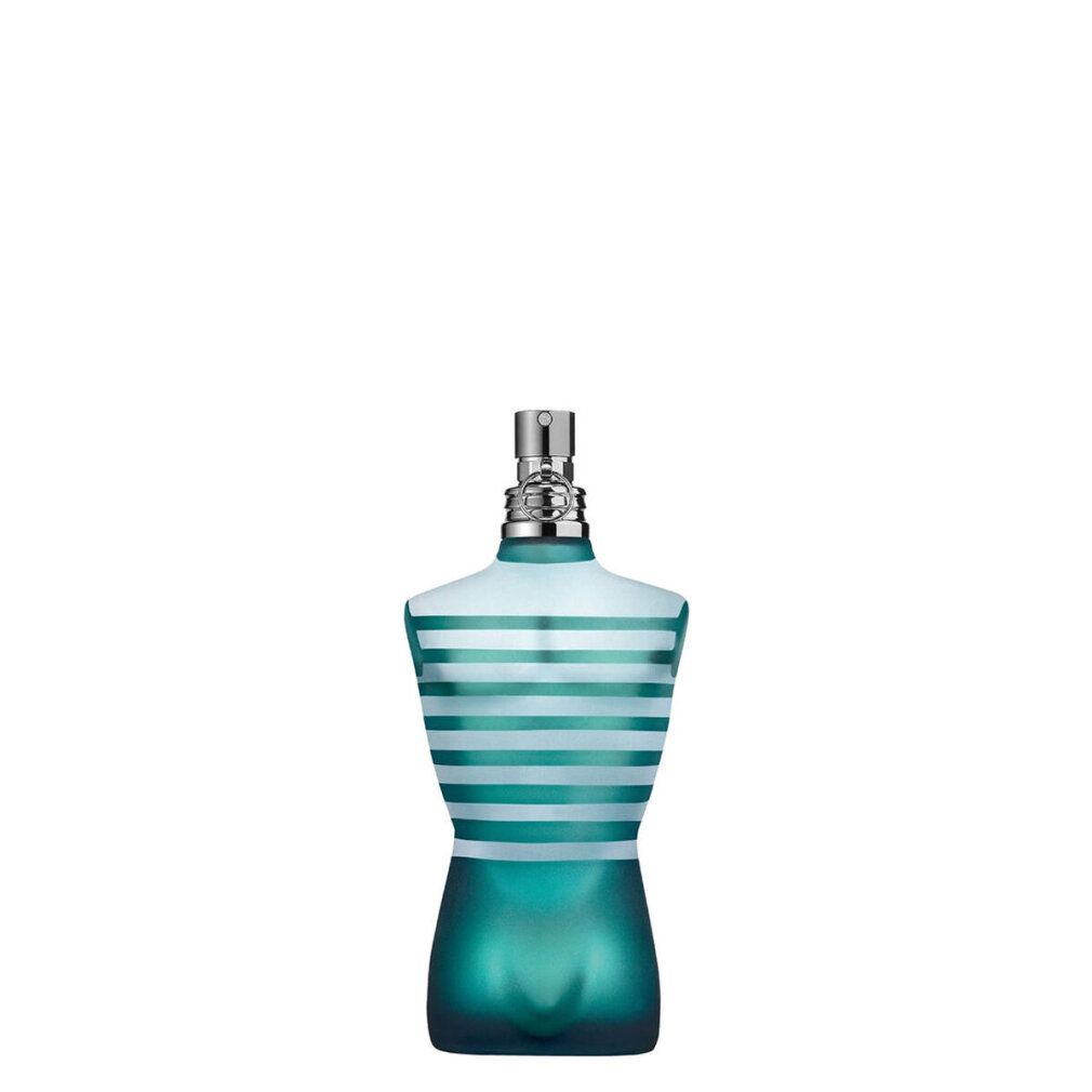 Flakon in Form eines männlichen Torsos mit horizontalen blauen Streifen und silbernem Zerstäuber.