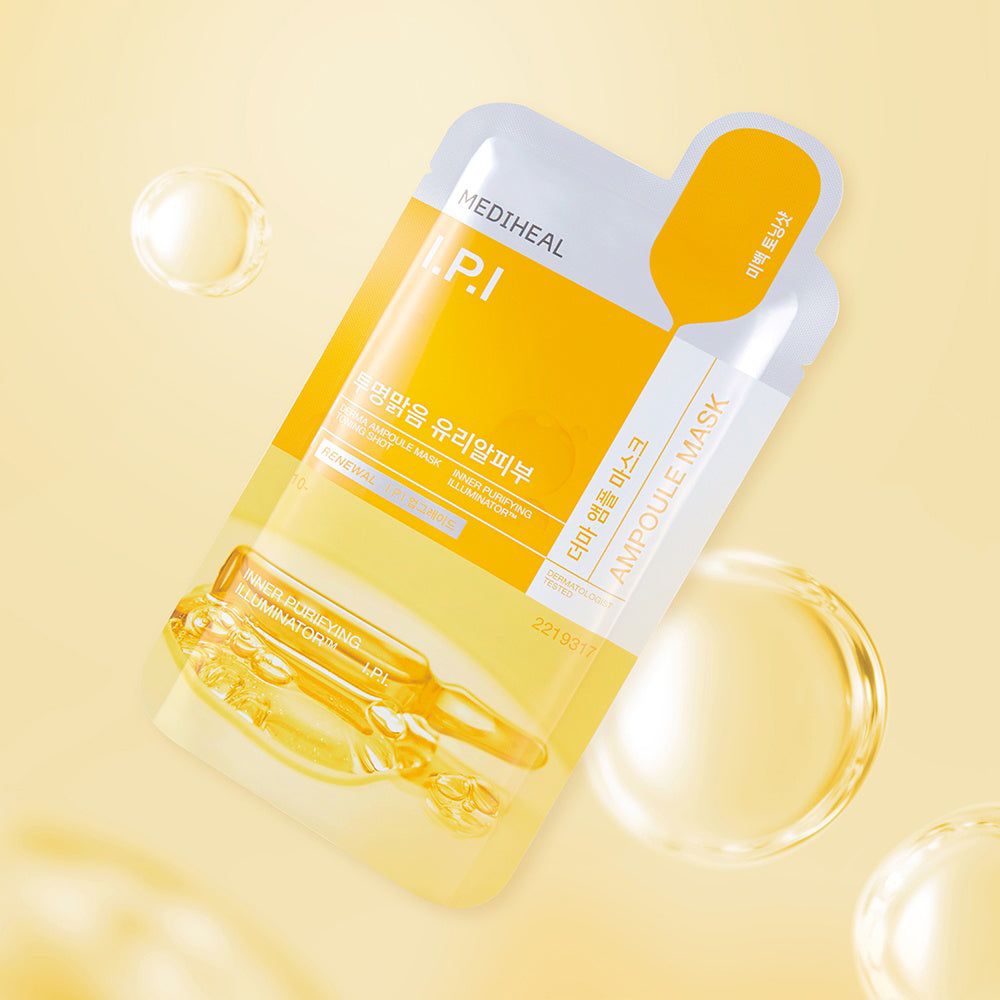 MEDIHEAL I.P.I Derma Ampoule Maske Verpackung. Gelbe und weiße Verpackung mit Produktabbildung und Text, auf gelbem Hintergrund.