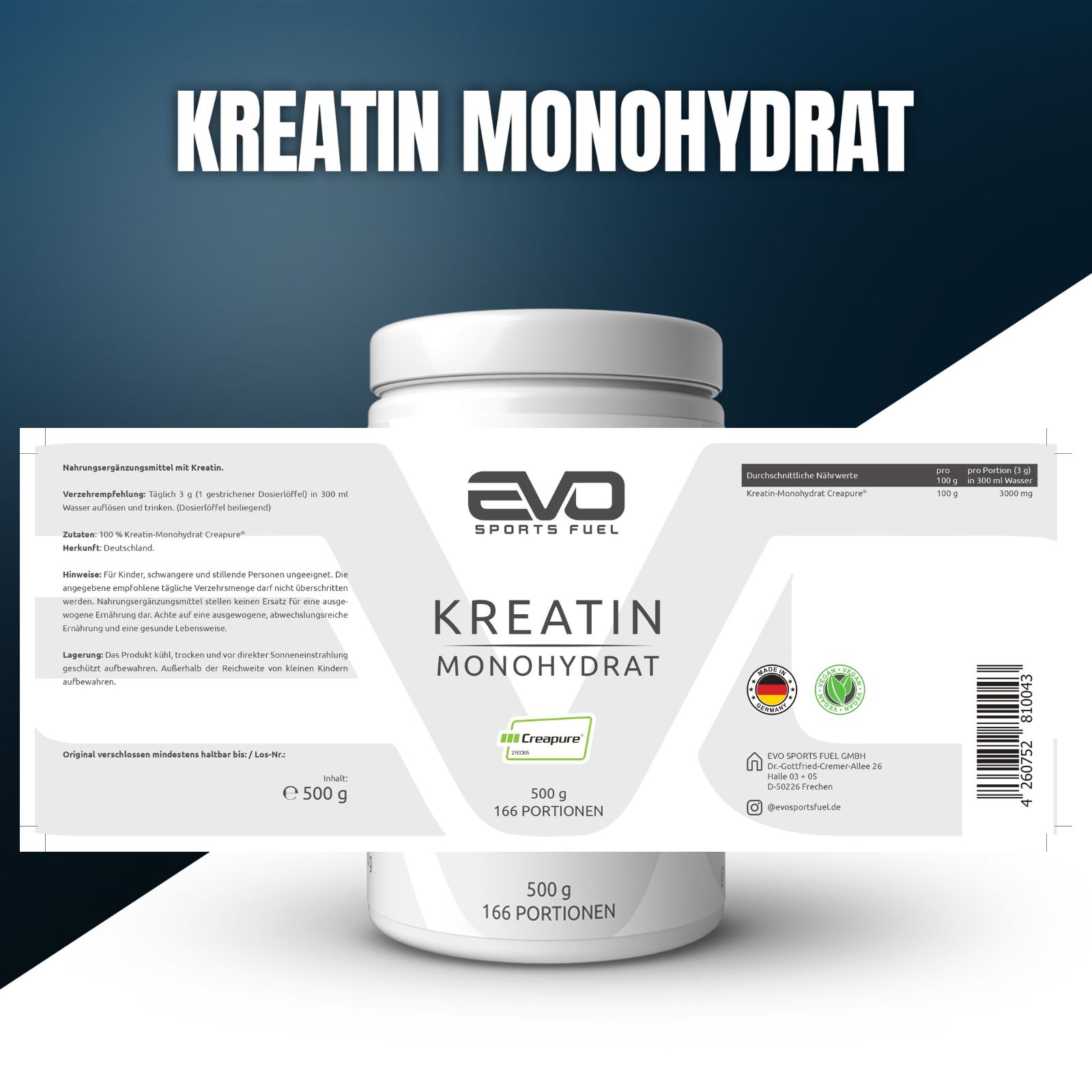 Etikett der EVO Kreatin Monohydrat Creapure® Dose mit Produktinformationen.