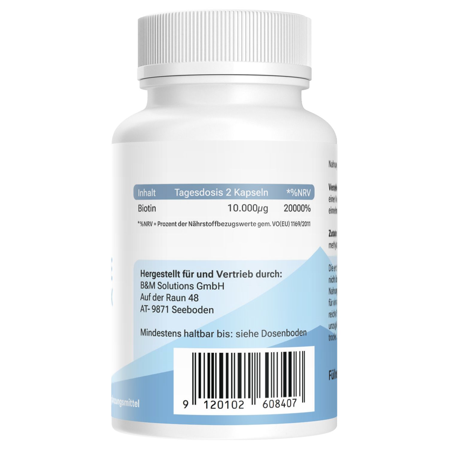 Rückseite einer weißen Flasche. Text: Tagesdosis 2 Kapseln, Biotin, Nährwertangaben, Herstellerinformationen, Barcode.