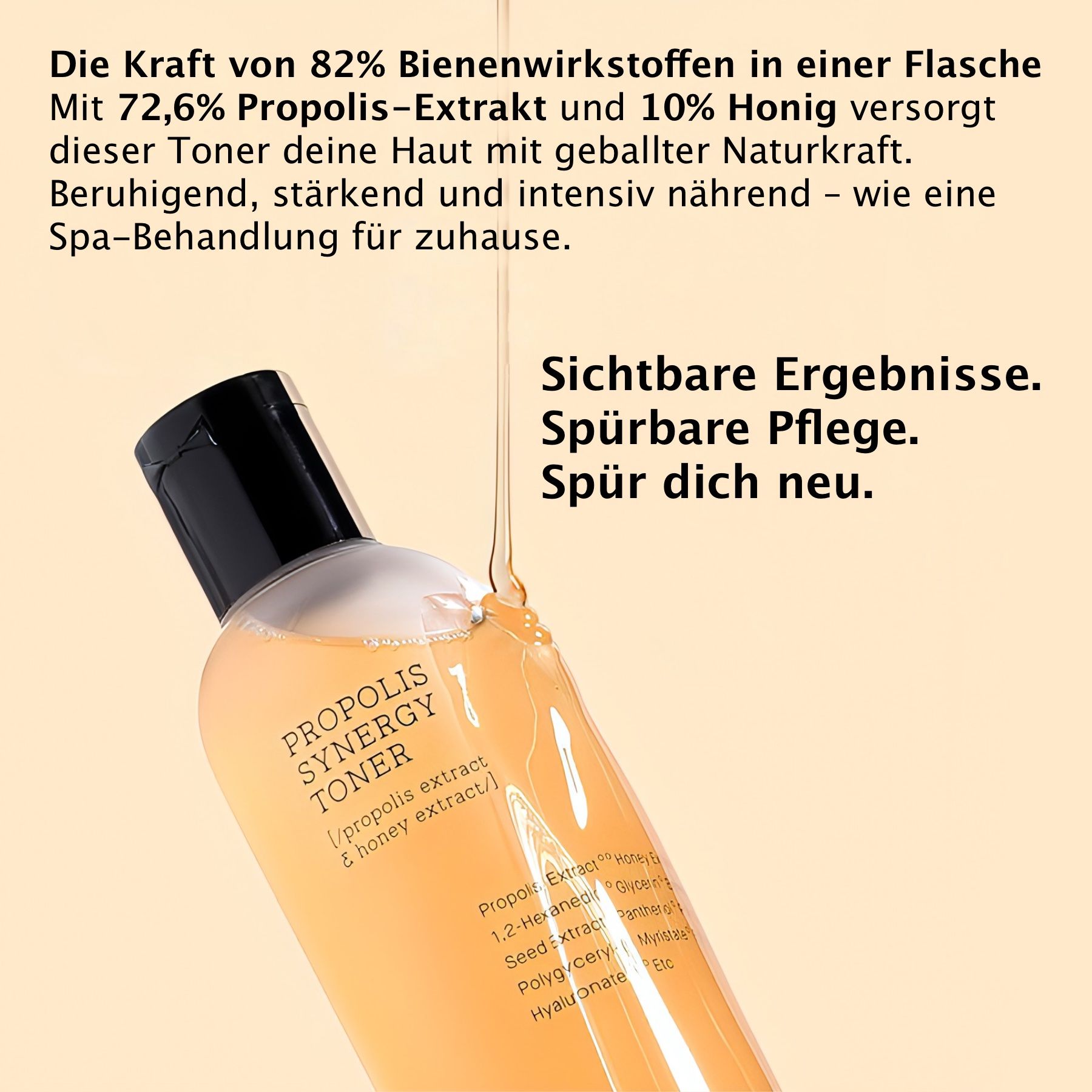 Produktflasche mit Text und Inhaltsstoffen. Honig tropft aus der Flasche. Text beschreibt Inhaltsstoffe und Ergebnisse.
