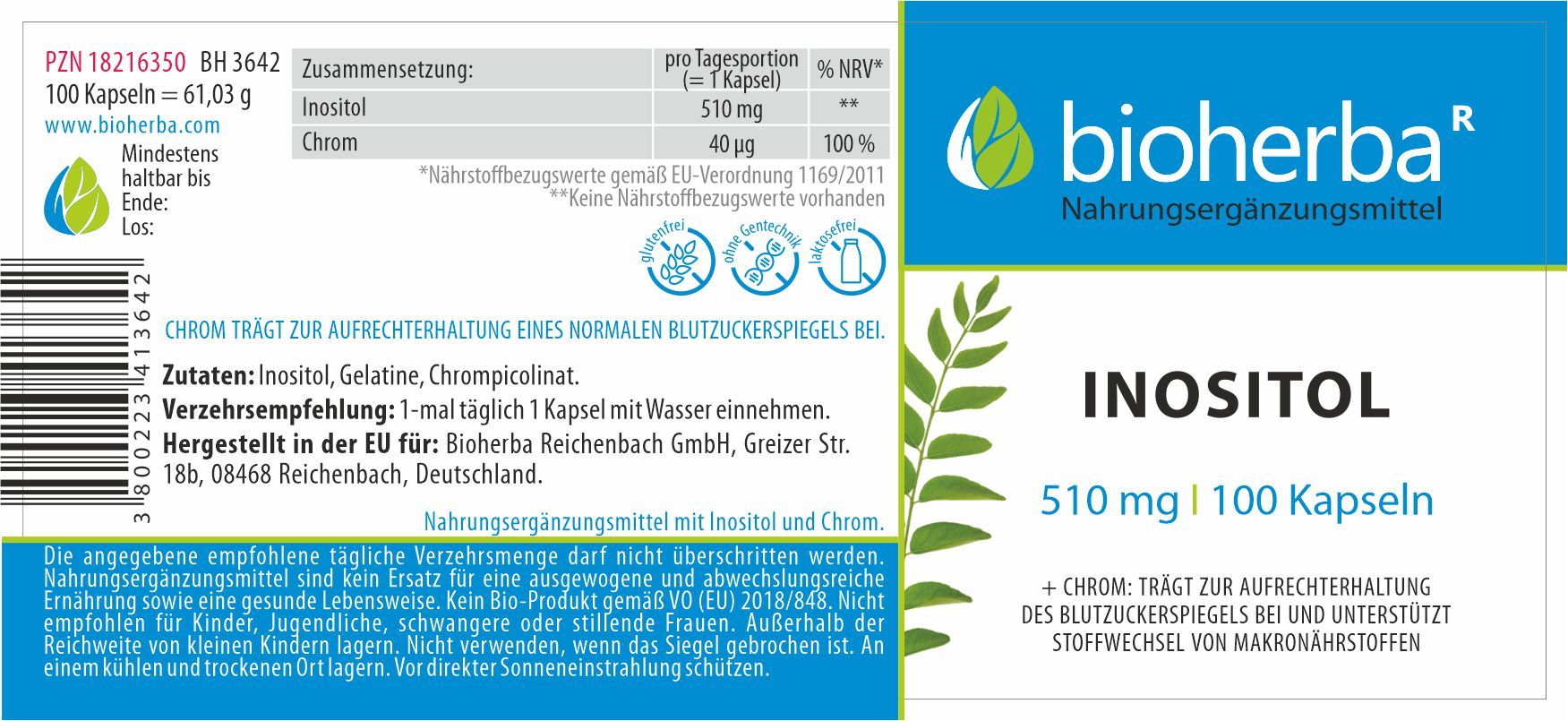 Etikett mit "bioherba" Logo, "Inositol", "510 mg | 100 Kapseln" und Nährwertangaben. Text in Deutsch.