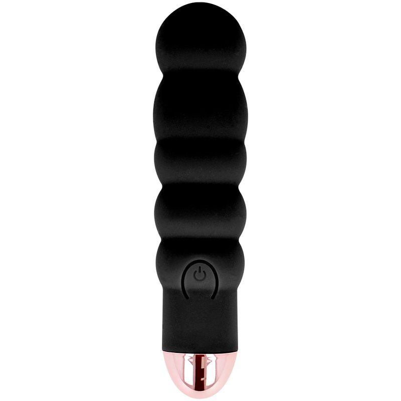 Schwarzer Silikon-Vibrator mit geriffelter Oberfläche und rosa Spitze. Mit Ein-/Ausschalter.