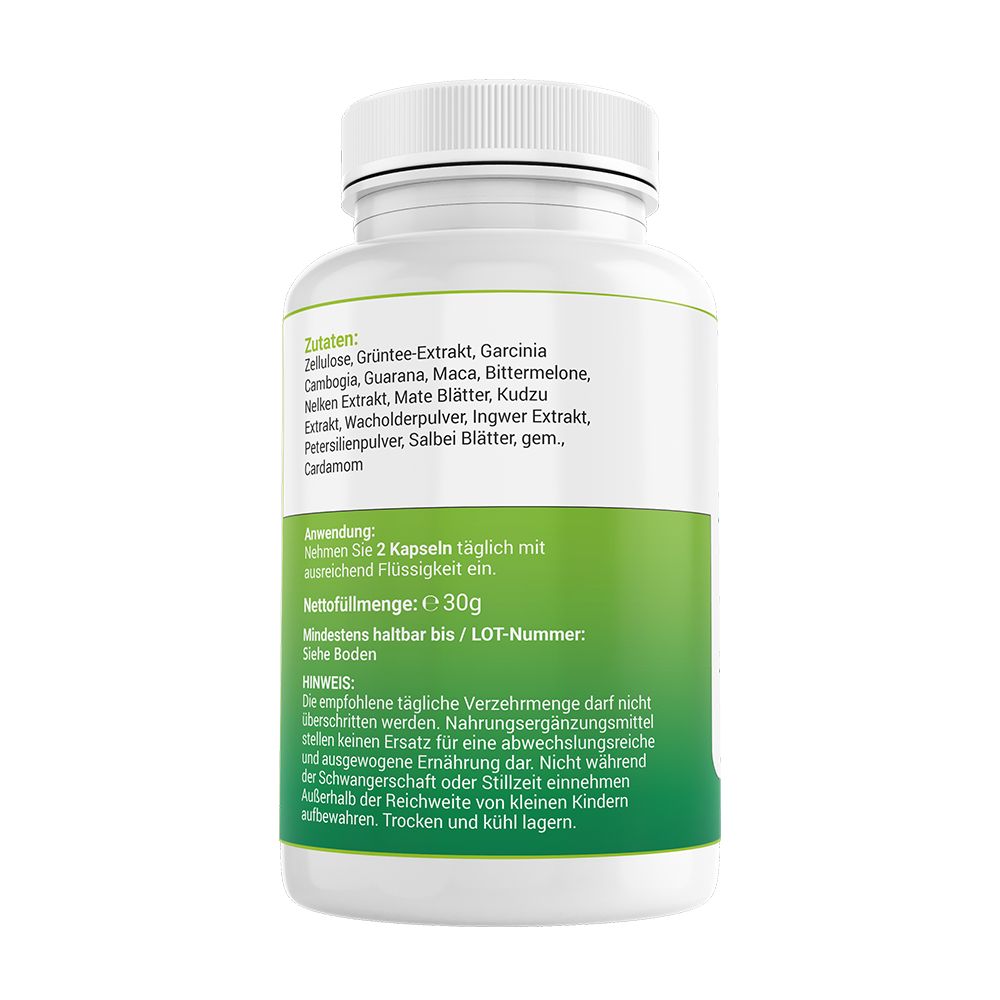 Rückseite einer weißen Flasche mit Saint Nutrition D-Tox Tabletten. Grüne Etikettierung mit Zutaten, Anwendungshinweisen und Nährwertangaben.