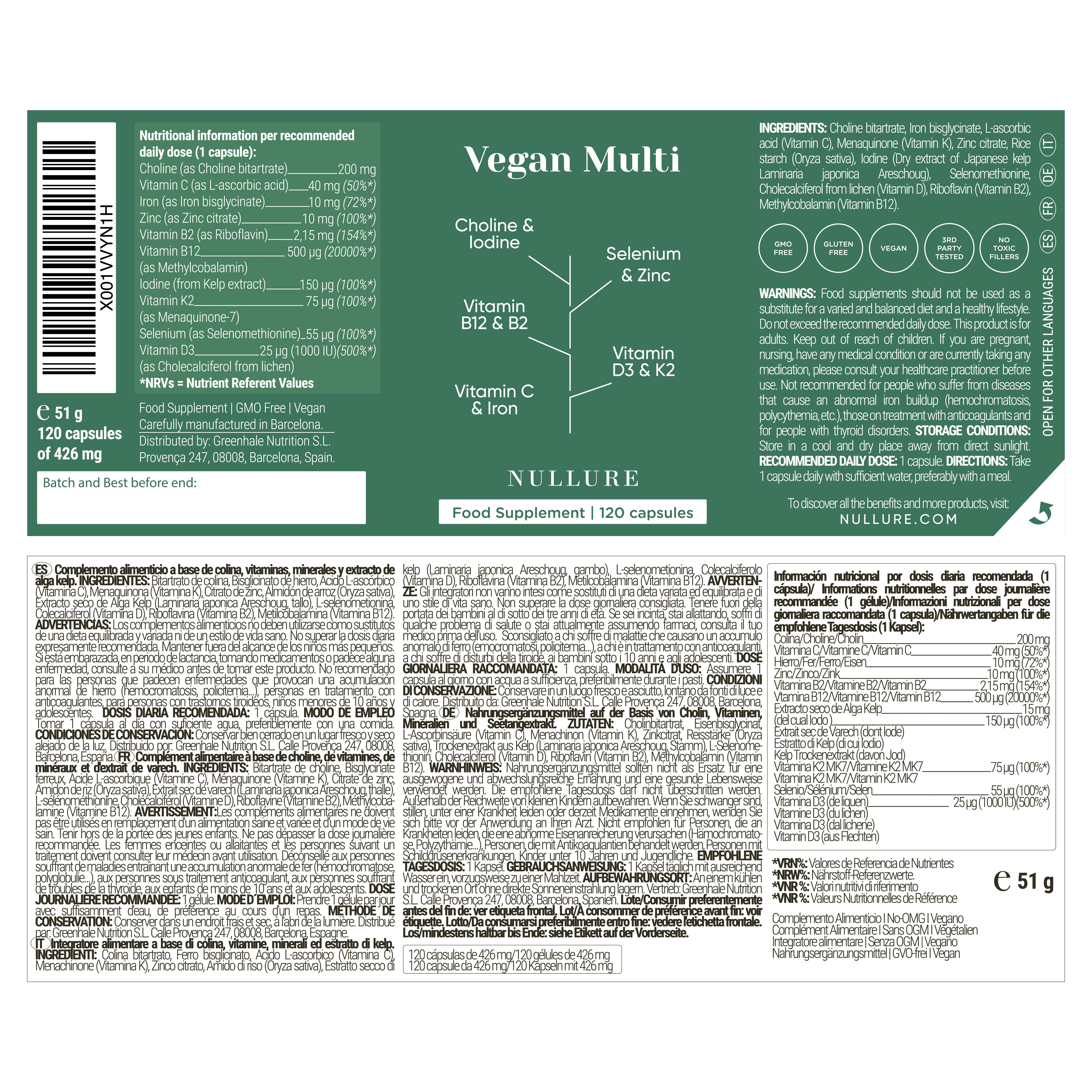 Etikett mit Informationen zu "Vegan Multi". Enthält Nährwertangaben, Inhaltsstoffe, Warnhinweise und Gebrauchsanweisung.