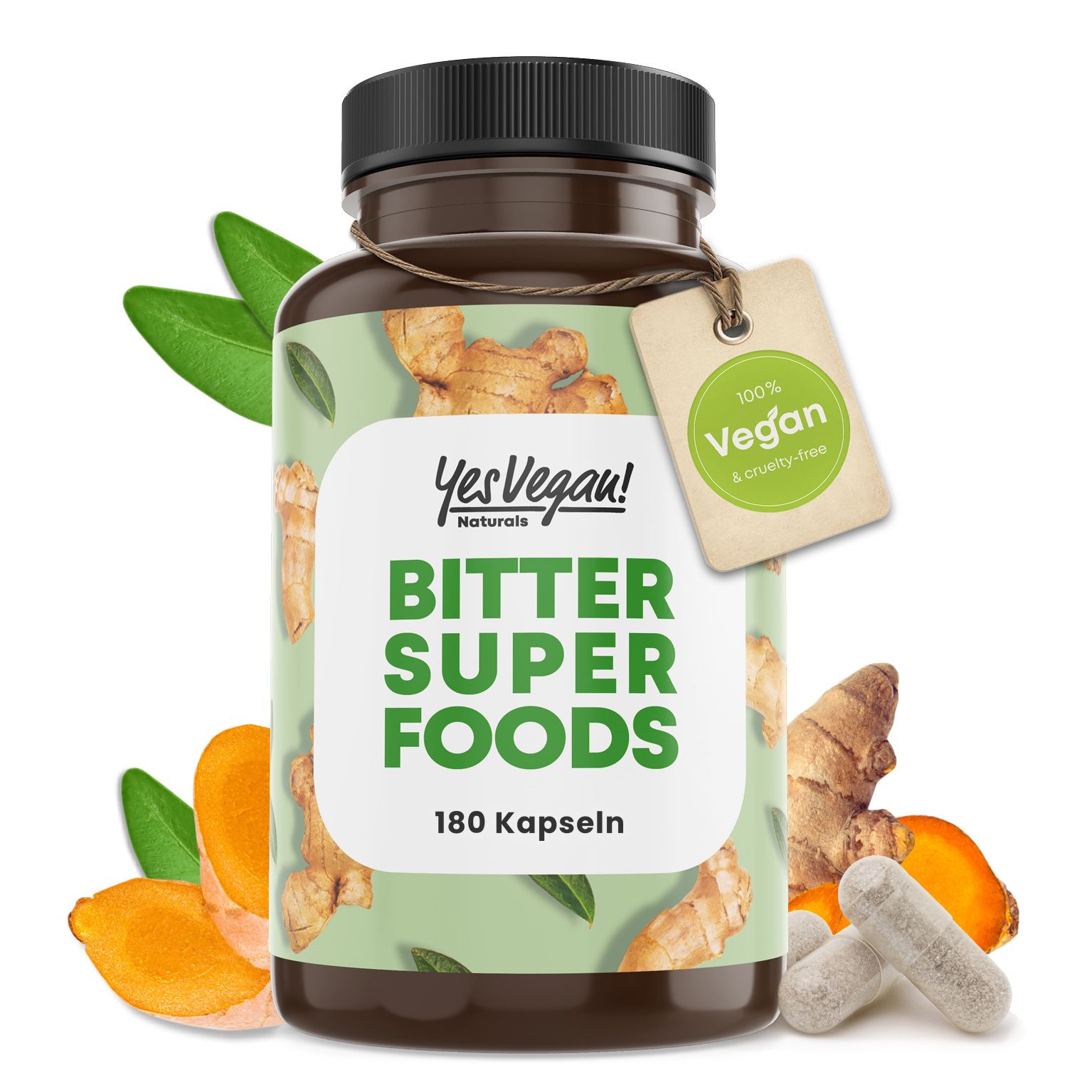 Flasche Bitter Super Foods Kapseln, 180 Stück, mit Löwenzahn, Ingwer und Kurkuma.