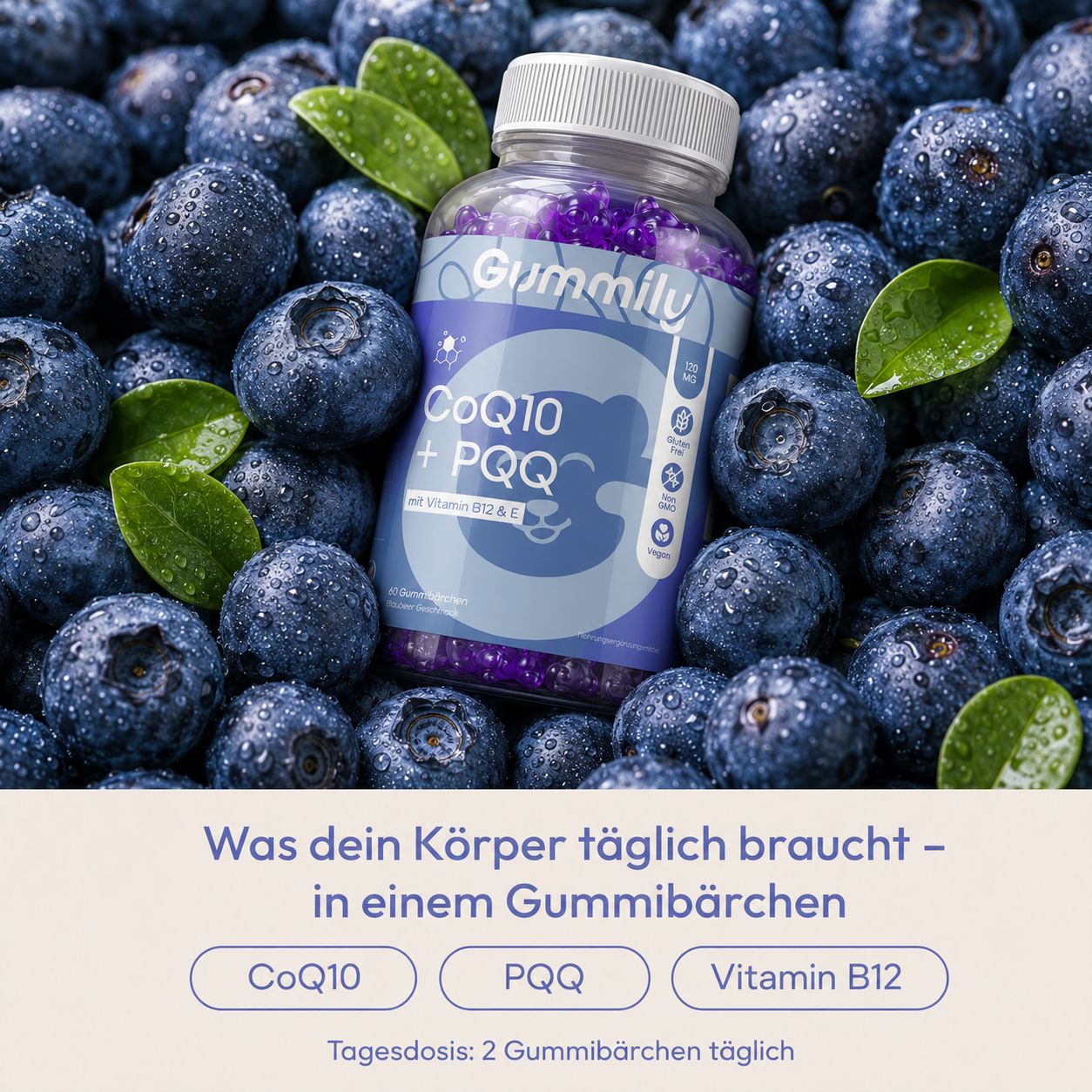 Gummily CoQ10 + PQQ Gummibärchen in einem Glas, umgeben von Blaubeeren. Text: Was dein Körper täglich braucht.