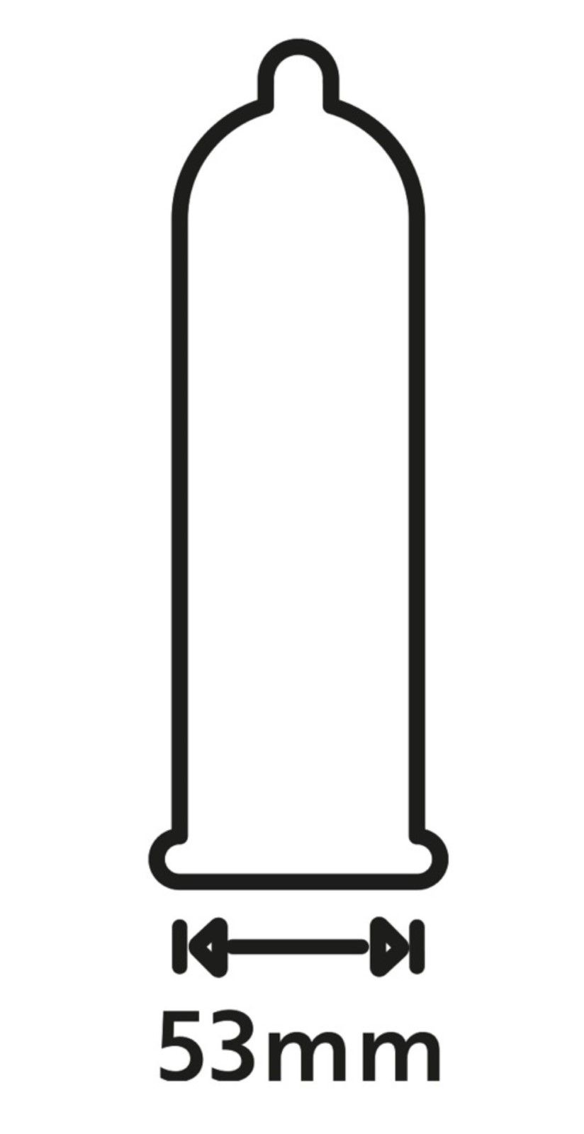 Schwarz-weiße Illustration eines Kondoms. Unterhalb des Kondoms: Pfeile und die Angabe 53mm.