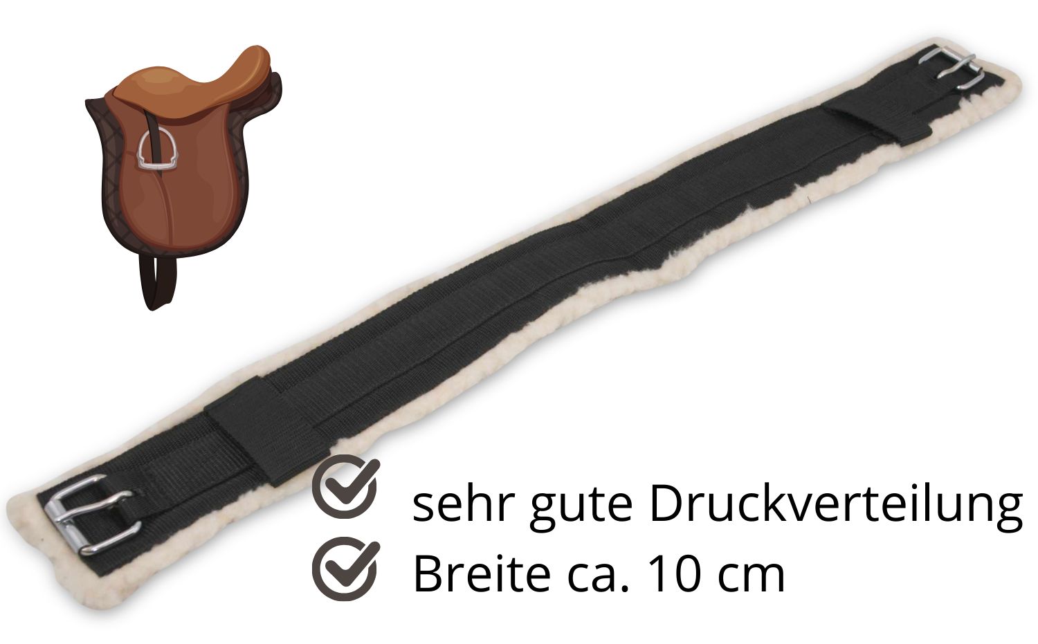 Lange, schwarze Gurtstrupfe mit cremefarbenem Fell. Mit silberfarbenen Schnallen und Text.