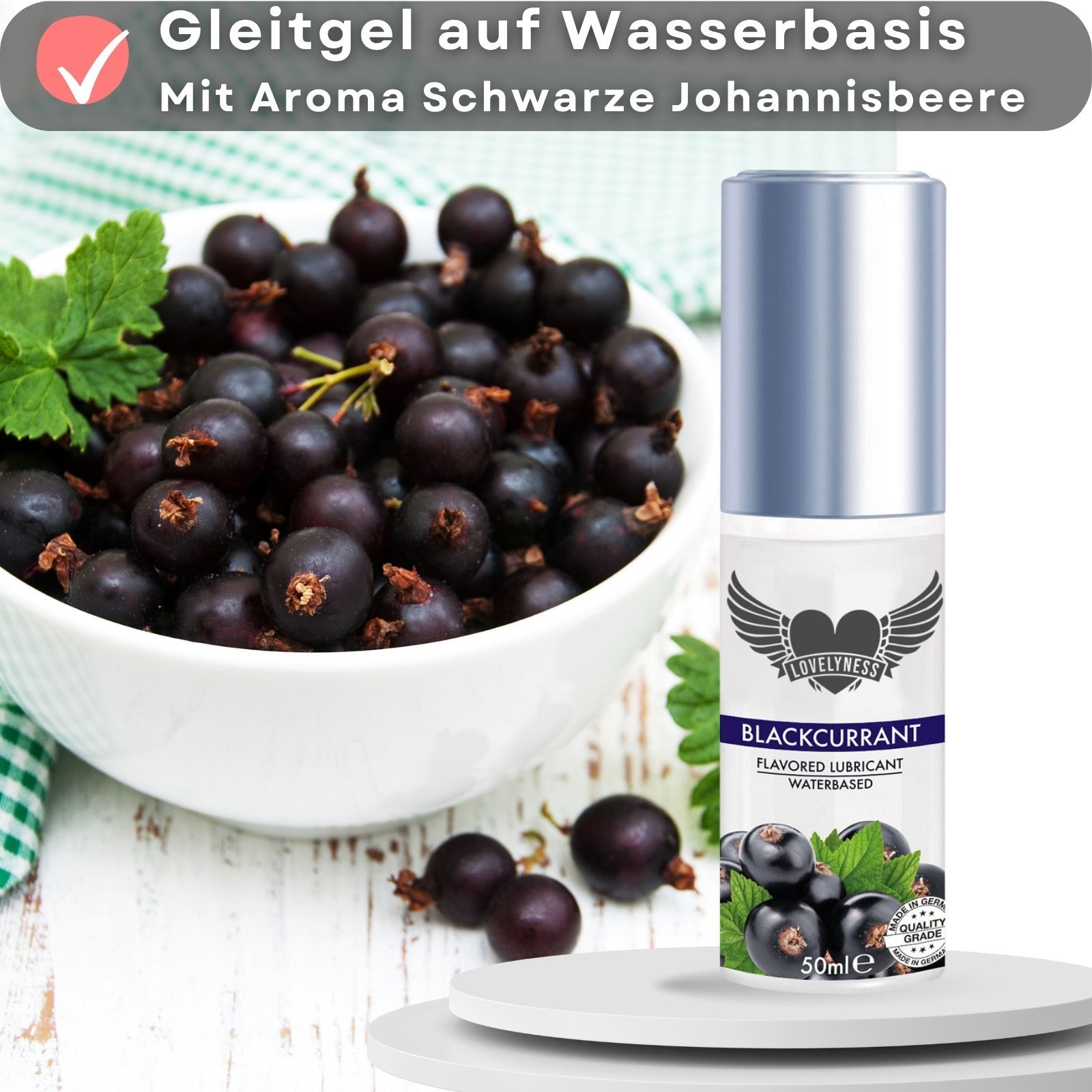 Gleitgel mit Aroma Schwarze Johannisbeere. 50ml. Auf Wasserbasis. Mit dem Logo Lovelyness und dem Namen Blackcurrant.