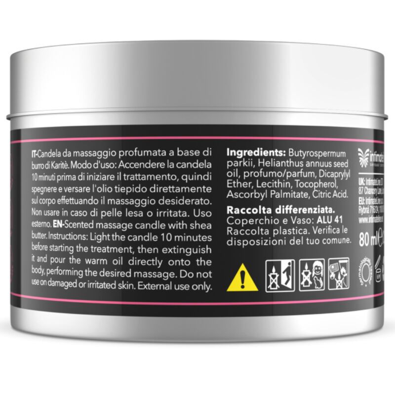 Silberne Dose mit schwarzem Etikett. Aufschrift: ARDES Sensual massage candle, Erdbeere-Traube. Rückseite mit Text.