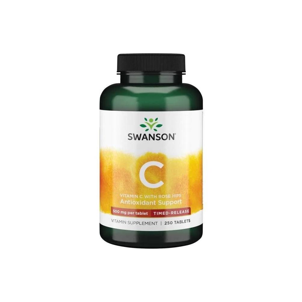 Grüne Flasche mit schwarzem Deckel. Weißes Etikett mit gelbem Farbverlauf. Text: SWANSON, C, Vitamin C mit Hagebutten, 250 Tabletten.