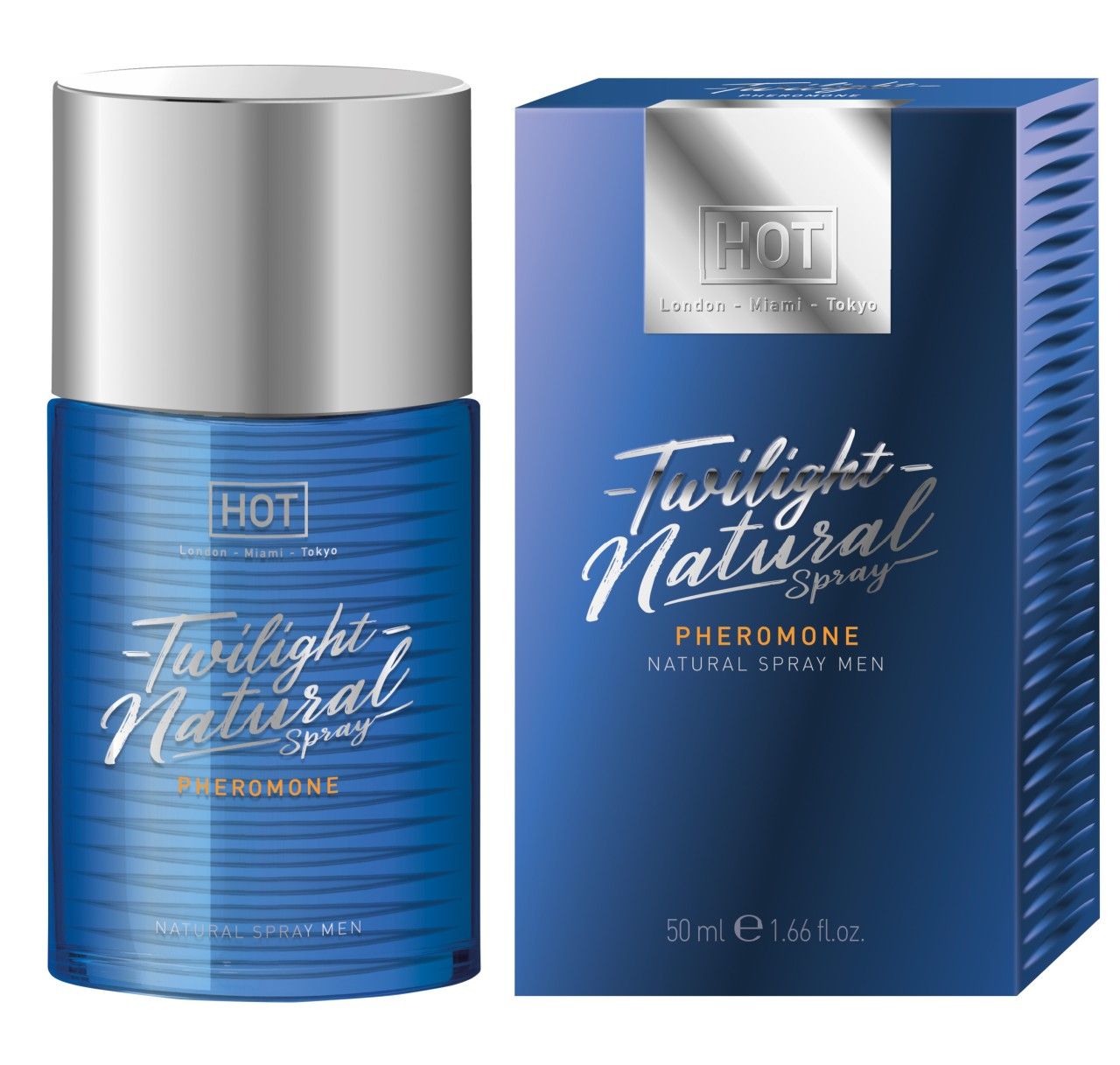 Blaues Produkt mit Verpackung. Produktname: Twilight Natural Spray Pheromone. Marke: HOT. Verpackung: 50ml. Text: Natural Spray Men.
