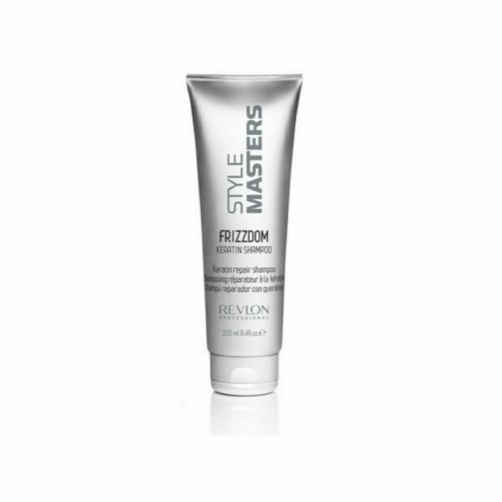Silberne Tube mit "STYLE MASTERS FRIZZDOM KERATIN SHAMPOO". Text in Englisch, Spanisch und Französisch. Marke: Revlon Professional.