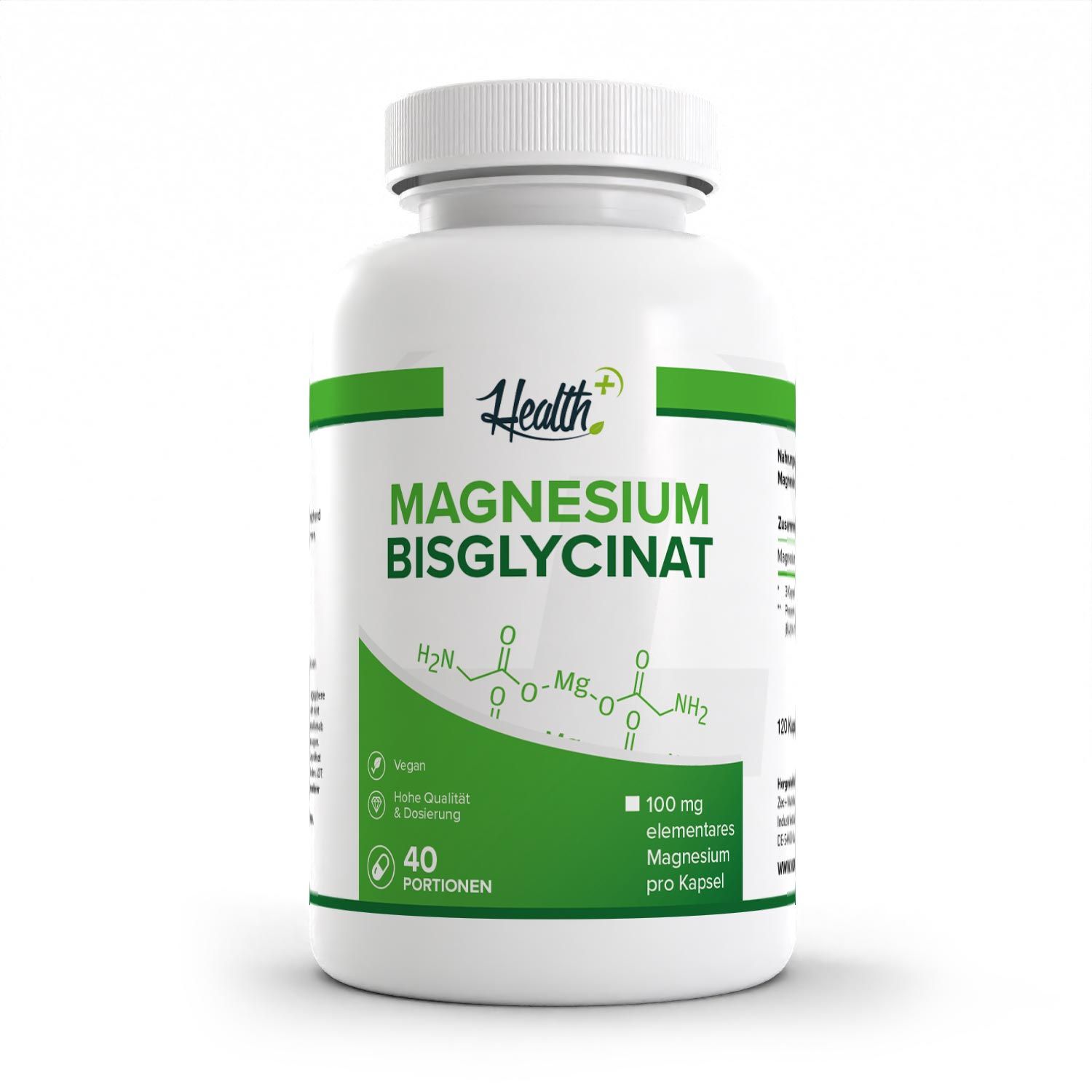 Weiße Flasche mit grünem Etikett. Aufschrift: Health+ Magnesium Bisglycinat. Enthält 40 Portionen. Vegan.