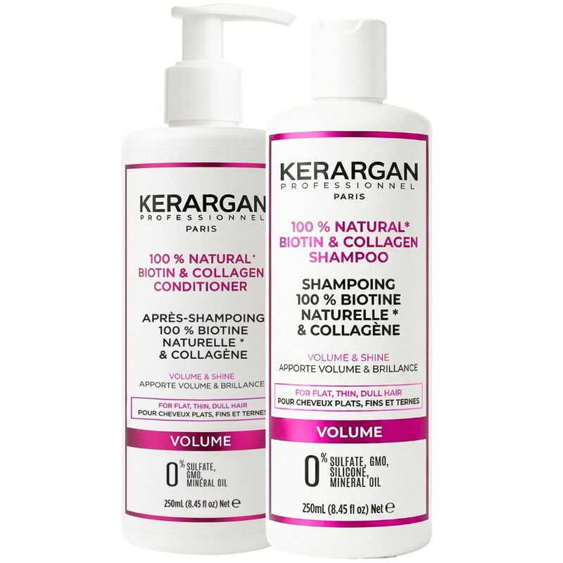 Zwei weiße Flaschen Kerargan Shampoo und Conditioner. Aufschrift: 100% Natural Biotin & Collagen. Volumen & Glanz.