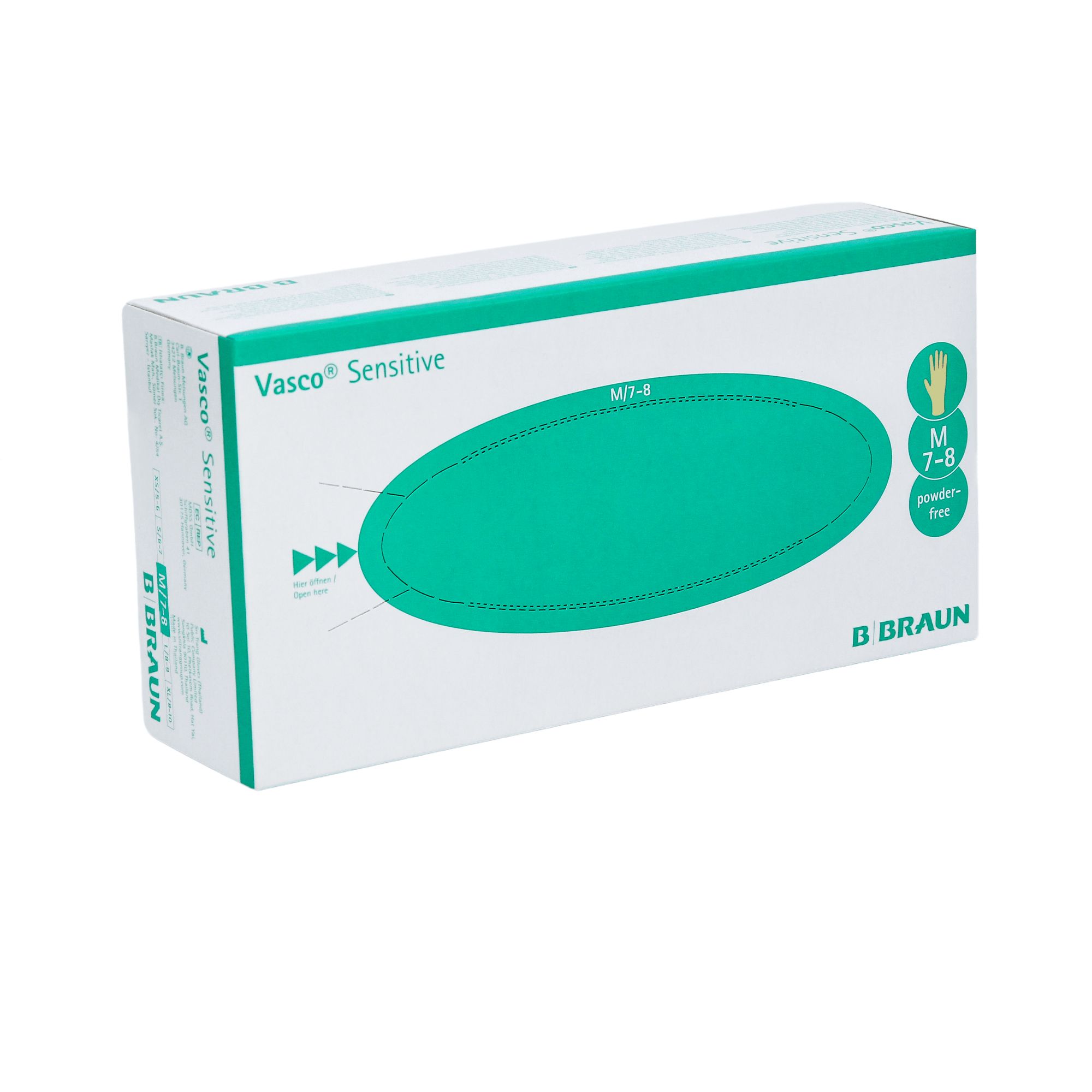 Weißer Karton mit Produktnamen Vasco® Sensitive und grüner ovaler Markierung. Größe M, puderfrei. Marke B Braun.