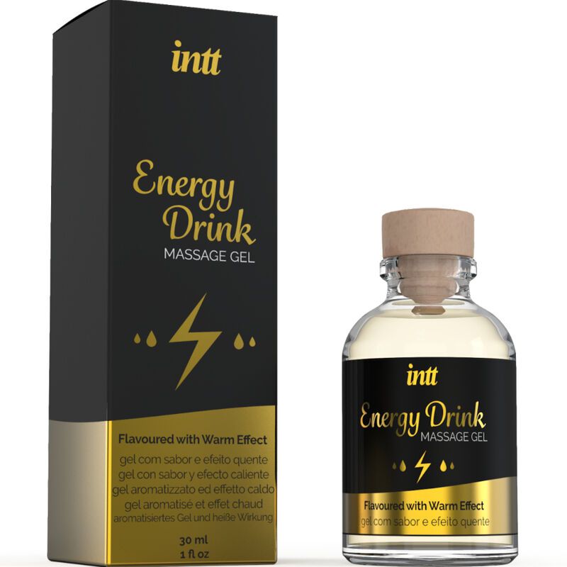 Massagegel "Energy Drink" von INTT in schwarzer Verpackung mit goldener Schrift. Flasche mit 30 ml Inhalt und Holzverschluss.