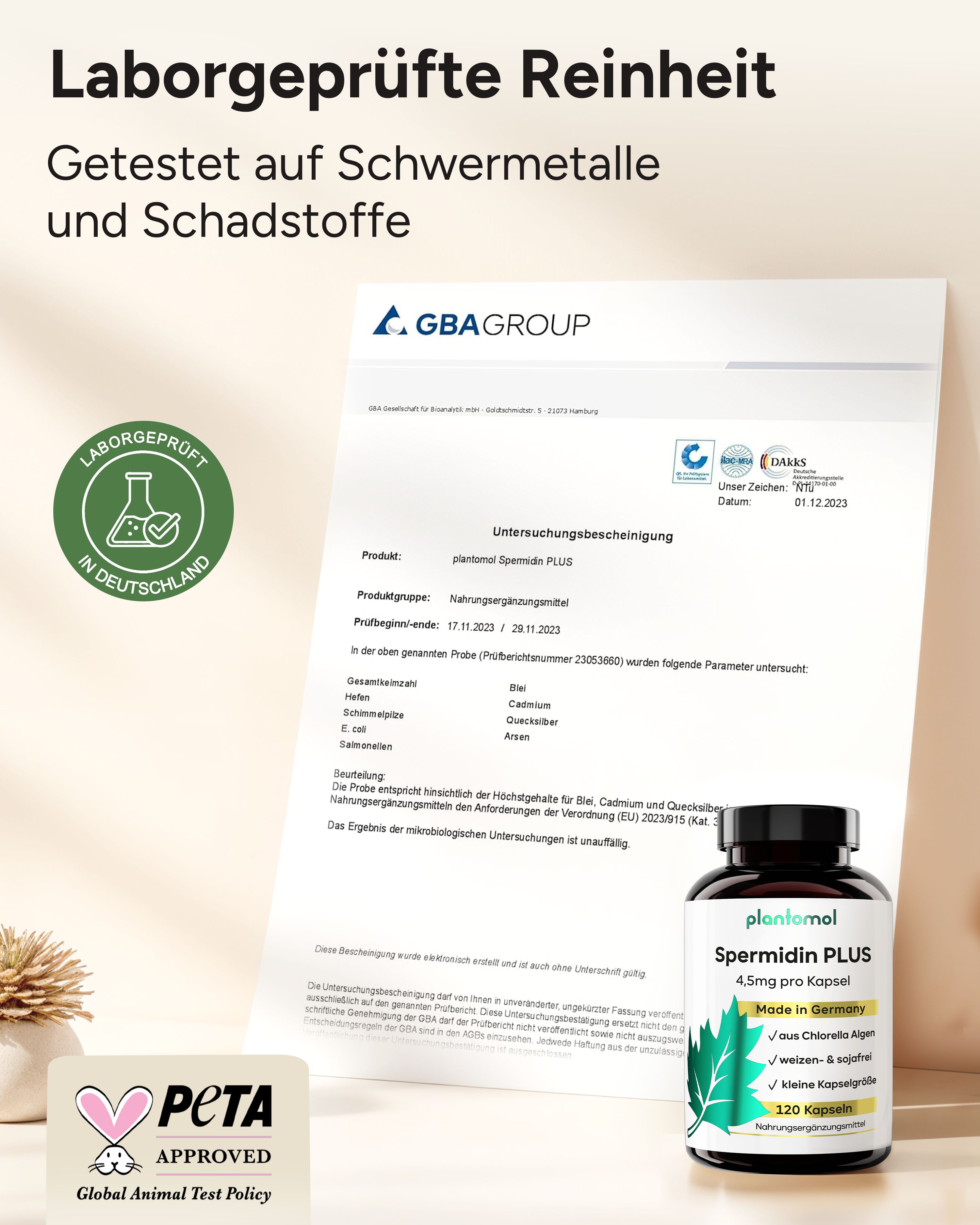 Laborgeprüfte Reinheit. Zertifikat der GBA Group. Flasche plantomol® Spermidin PLUS. PETA-Siegel.