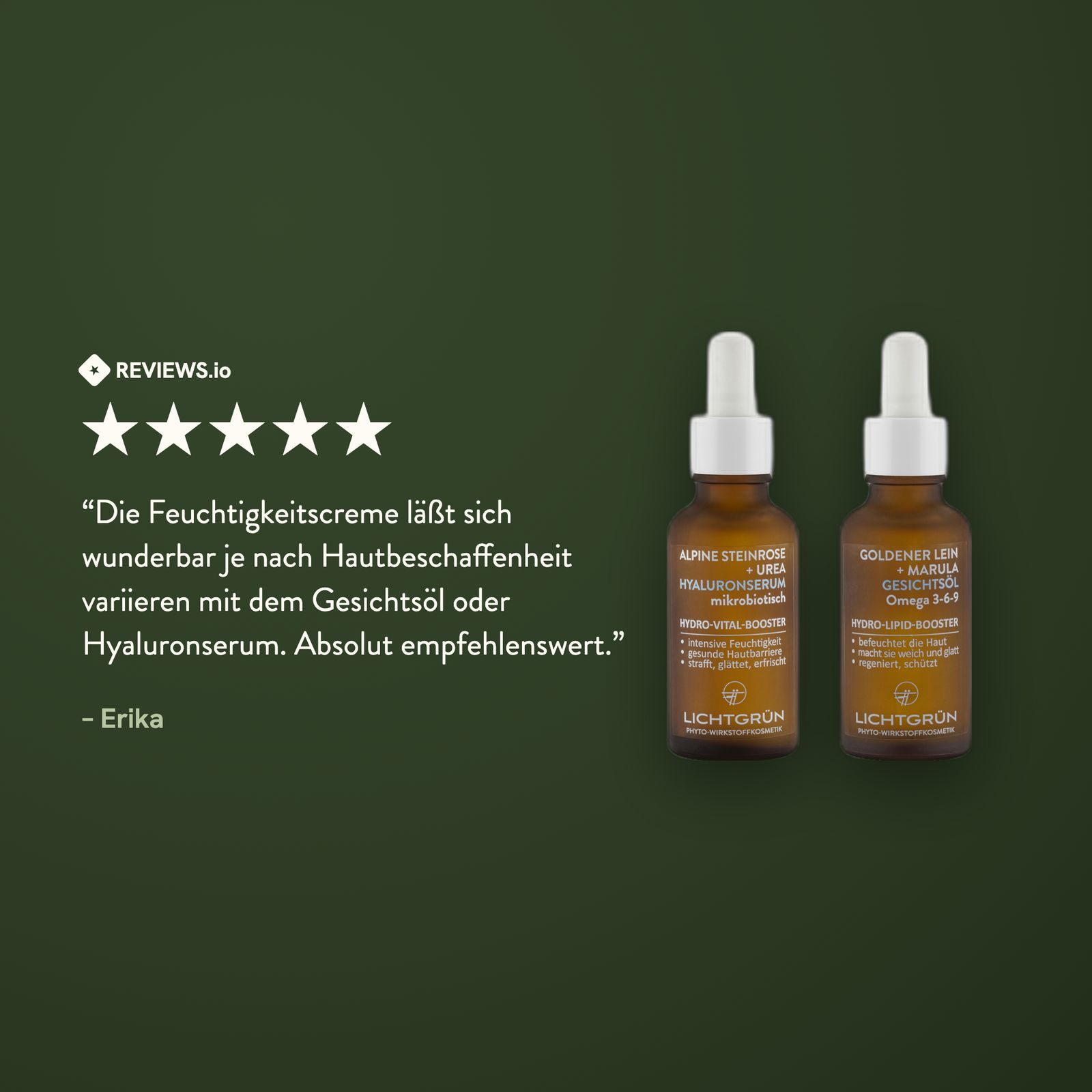 Zwei Flaschen Hydro-Booster neben einer 5-Sterne-Bewertung und einem Kundenkommentar.