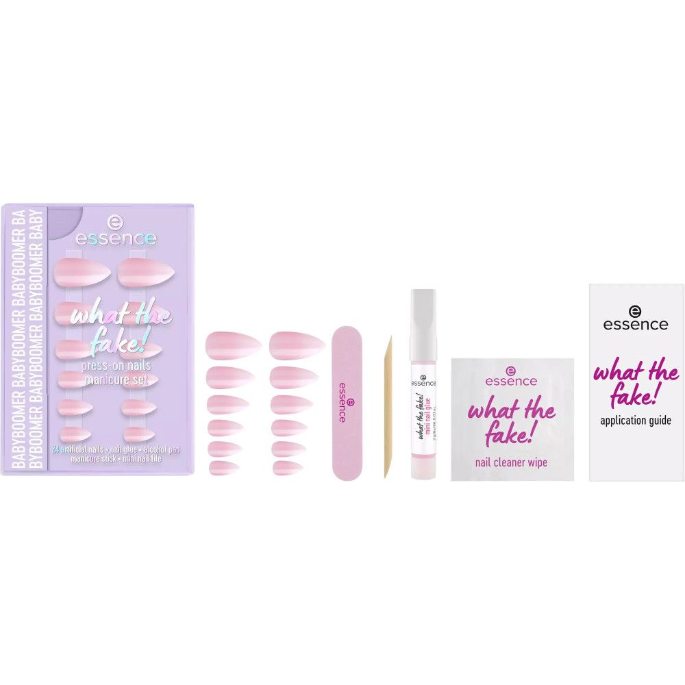 Maniküre-Set mit künstlichen Nägeln, Nagelfeile, Kleber, Reinigungstuch und Anleitung. Marke und Produktname.