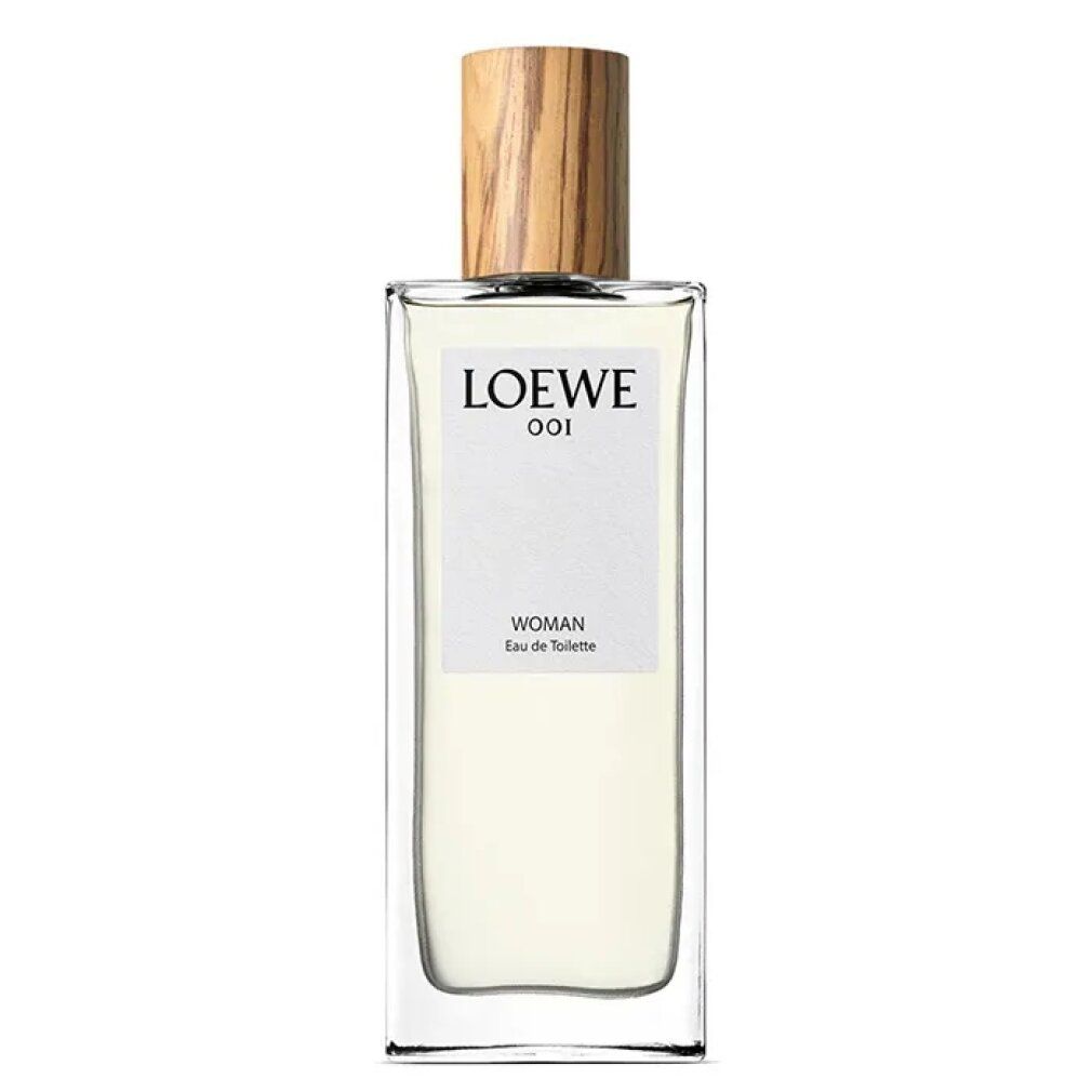 Loewe 001 Woman Eau de Toilette Spray. Flakon rechteckig, transparent. Holzfarbener Verschluss. Weißes Etikett mit Produktinformationen. Ohne Verpackung.