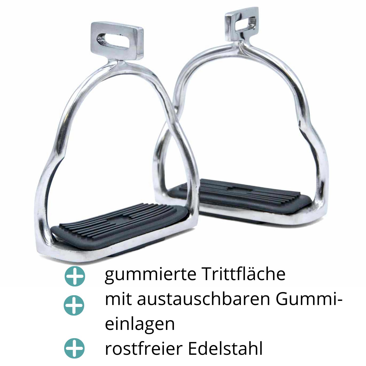 Zwei silberfarbene Steigbügel mit schwarzer Trittfläche. Text: gummierte Trittflächen, austauschbare Gummieinlagen, Edelstahl.