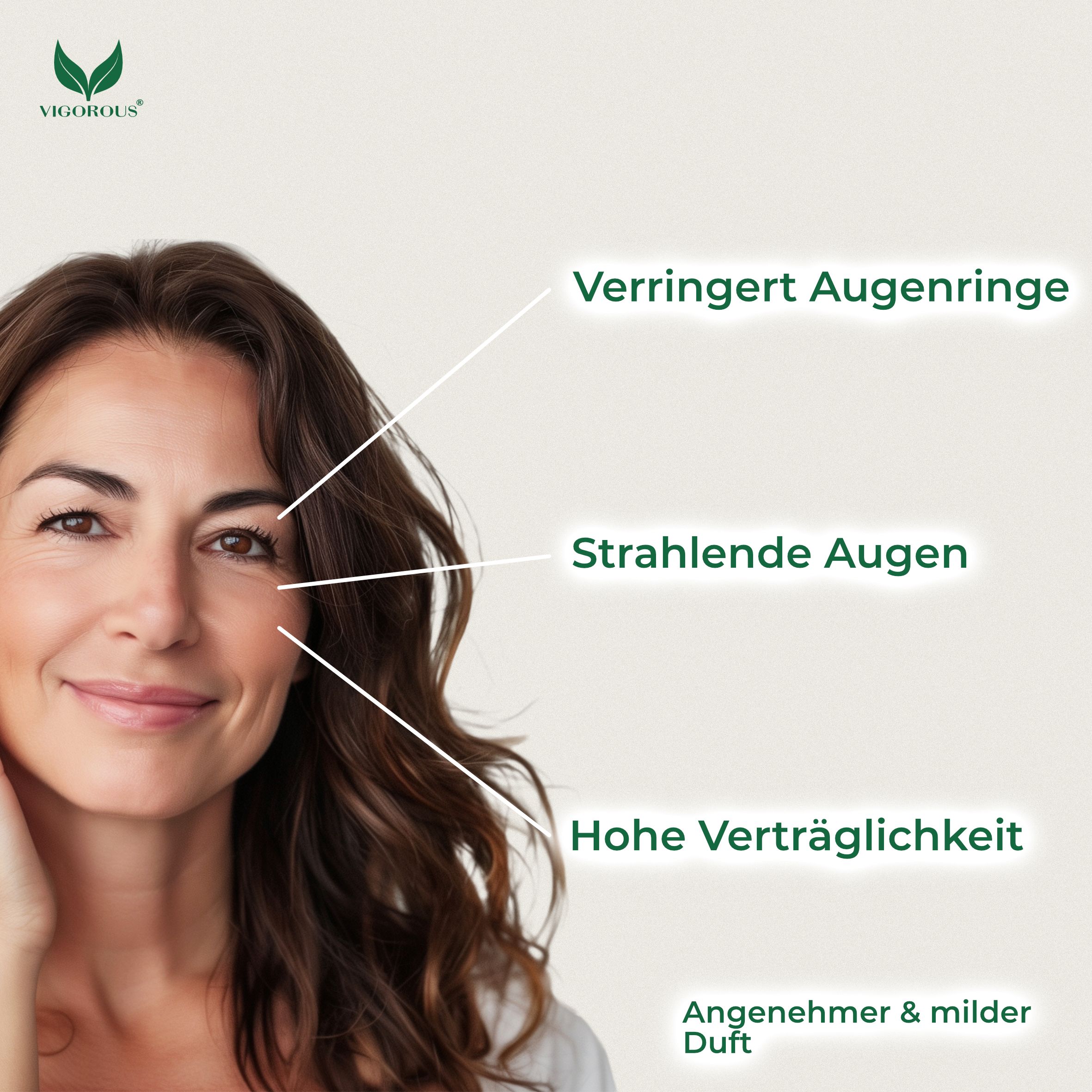 Frau mit braunen Haaren. Beschriftung: Verringert Augenringe, Strahlende Augen, Hohe Verträglichkeit. Angenehmer & milder Duft.