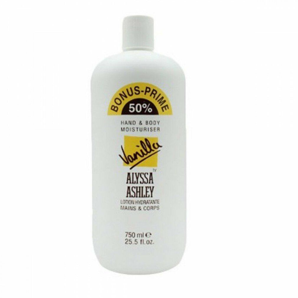 Weiße Flasche mit gelbem Etikett. Aufschrift: BONUS-PRIME 50%, HAND & BODY MOISTURISER, Vanilla, ALYSSA ASHLEY. 750 ml.