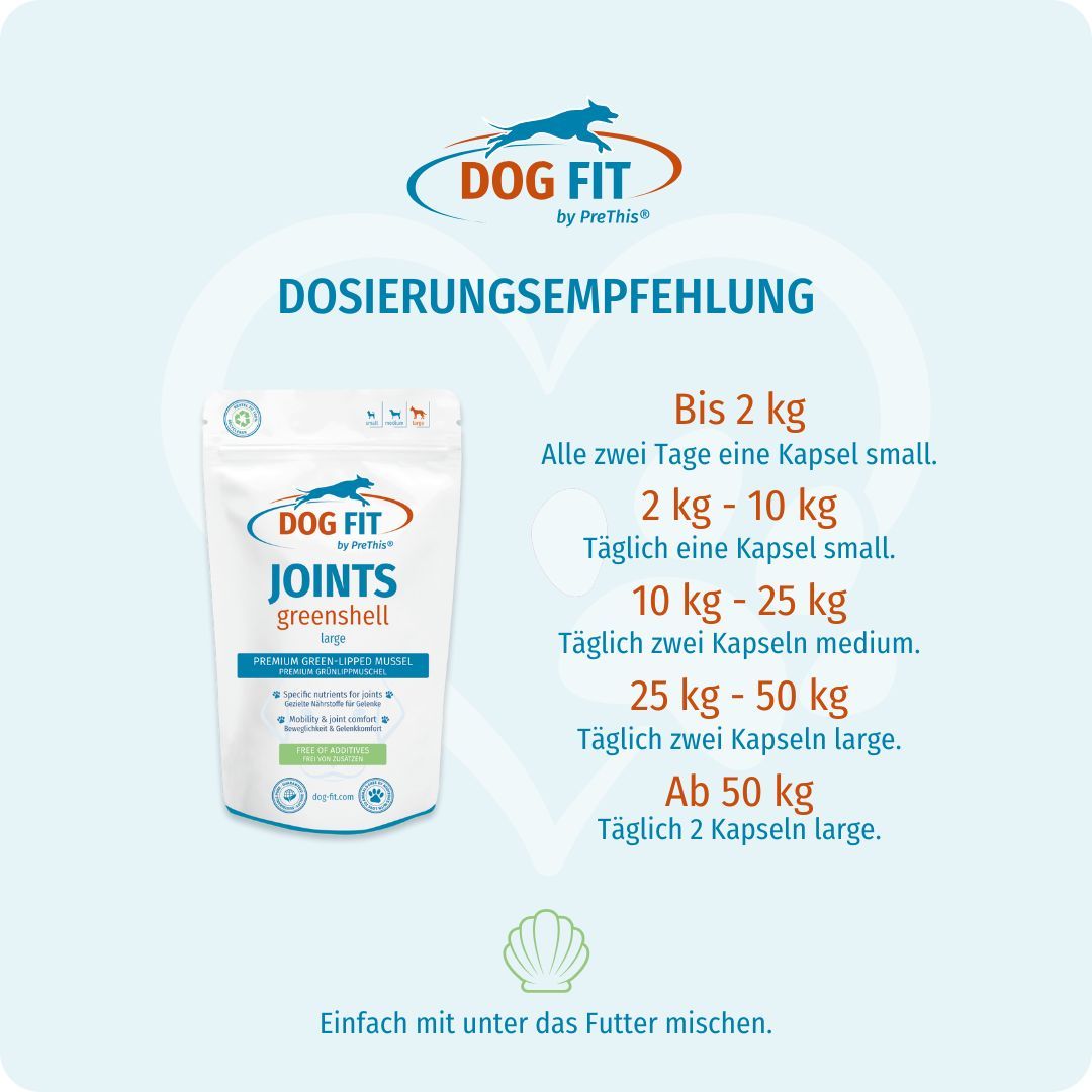 DOG FIT by PreThis® JOINTS greenshell, Beutel. Dosierungsempfehlung: Bis 2 kg, 2 kg - 10 kg, 10 kg - 25 kg, 25 kg - 50 kg, Ab 50 kg.