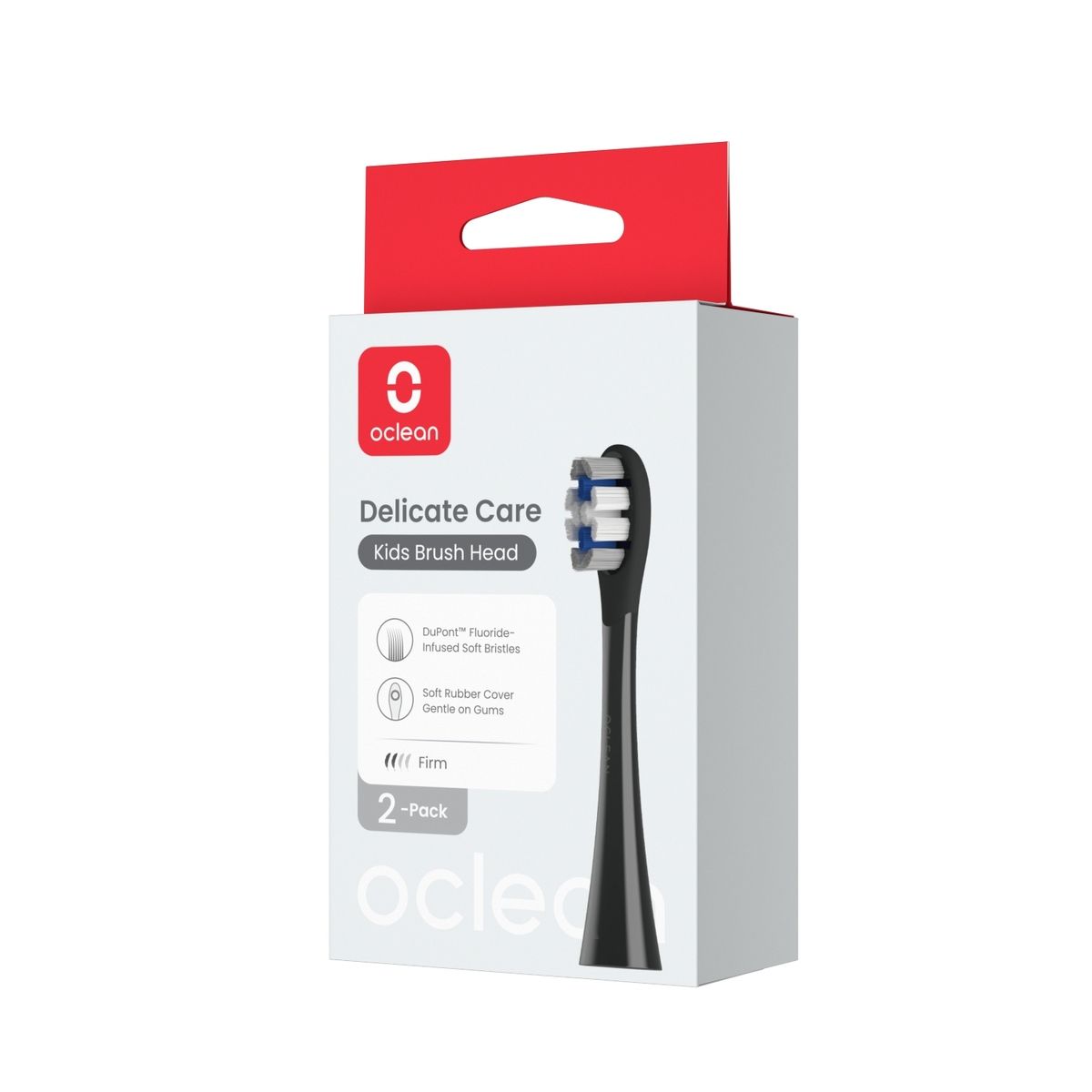 Verpackung mit zwei schwarzen Bürstenköpfen. Oclean-Logo und Produktbezeichnung. Rote und weiße Verpackung.