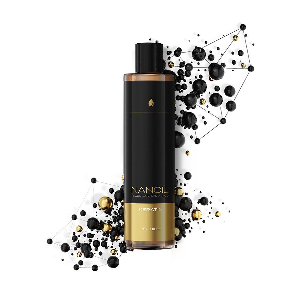 Schwarze Flasche mit goldenem Etikett, Nanoil Keratin Micellar Shampoo, 300 ml.