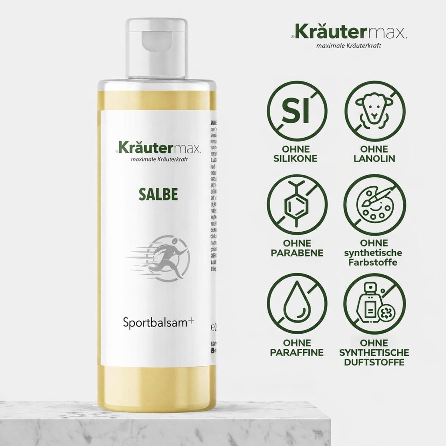 Kräutermax Salbe Sportbalsam plus Rosmarin. Flasche mit weißem Deckel. Logos: Ohne Silikone, Lanolin, Parabene, synthetische Farbstoffe, Paraffine, synthetische Duftstoffe.