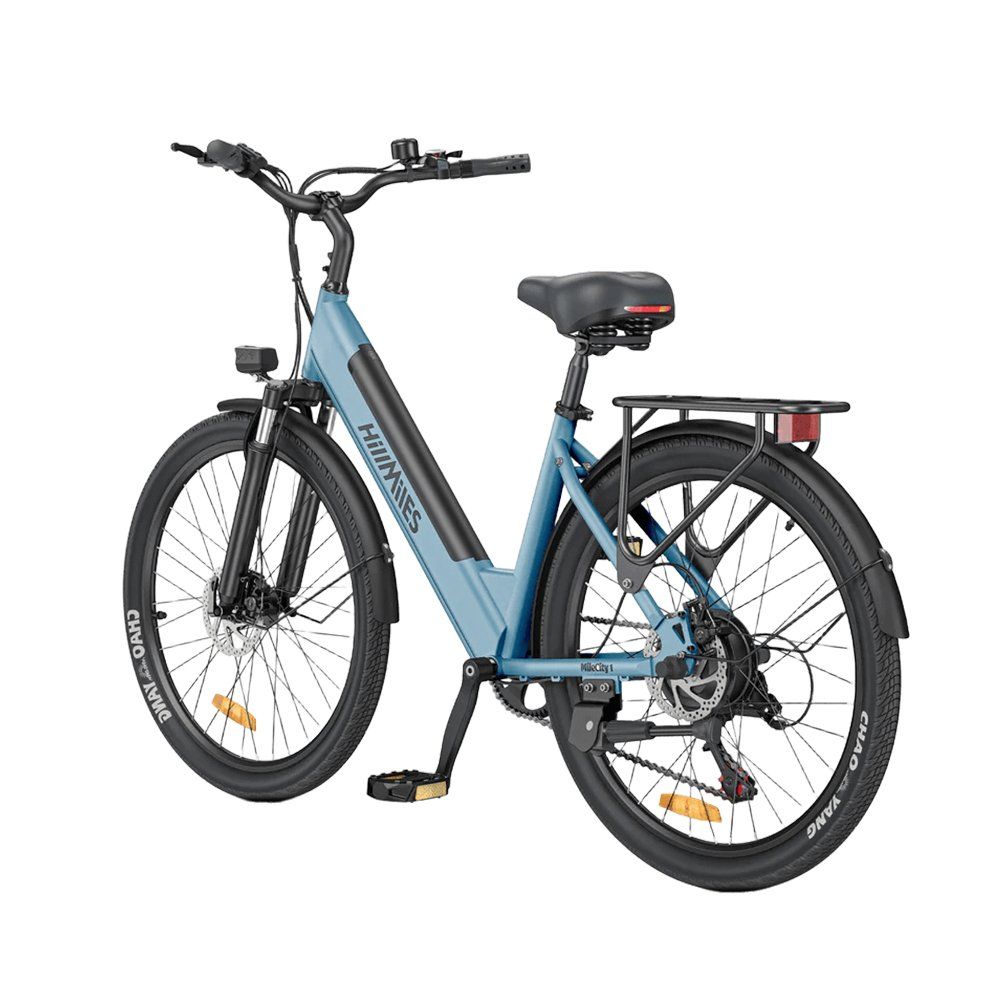Blaues Elektrofahrrad, Rückansicht. Gepäckträger, schwarzer Rahmen, Marke HillMiles.