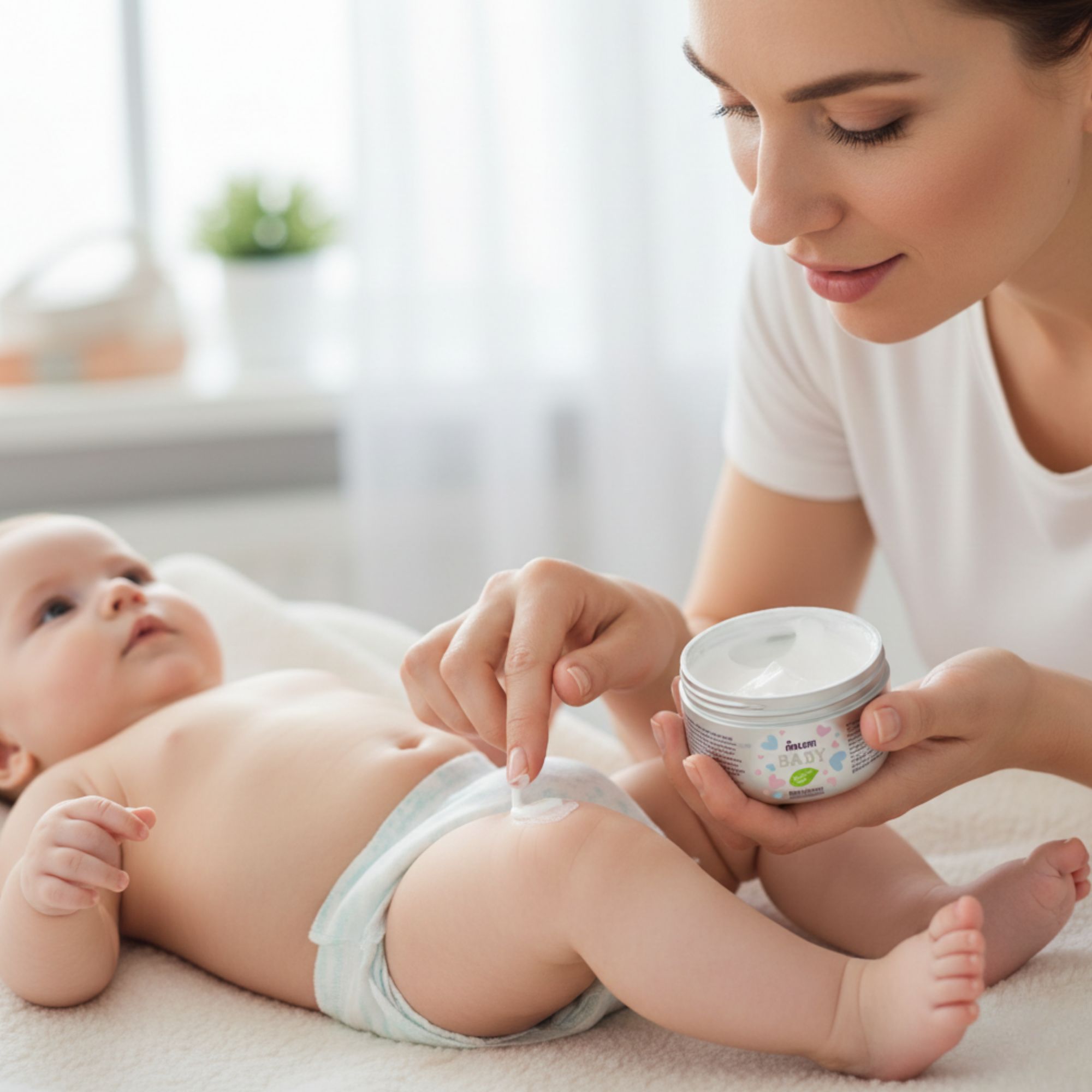 Frau trägt Creme auf den Windelbereich eines Babys auf. Die Creme befindet sich in einem runden Behälter.