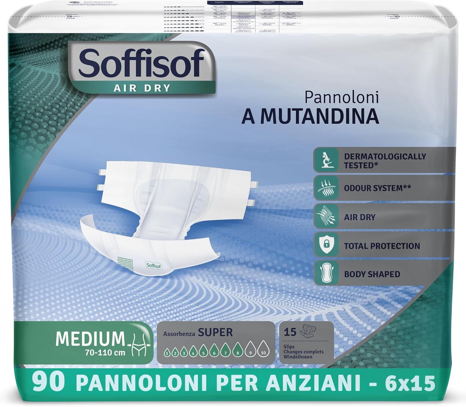 Verpackung mit 90 Windeln für Erwachsene. Größe Medium, 70-110 cm. Mit Saugfähigkeit SUPER. Dermatologisch getestet.