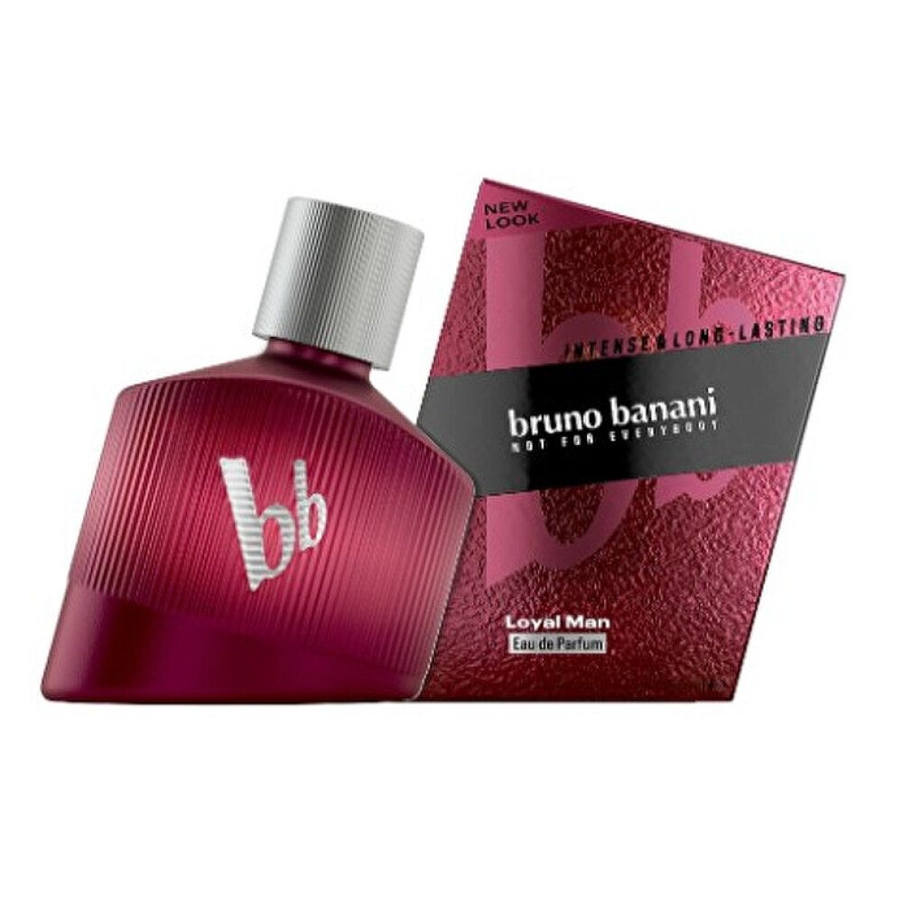Rotes Parfümflakon mit silbernem Deckel und Verpackung. Aufschrift: Bruno Banani Loyal Man Eau de Parfum. Schwarzer Streifen mit Text.