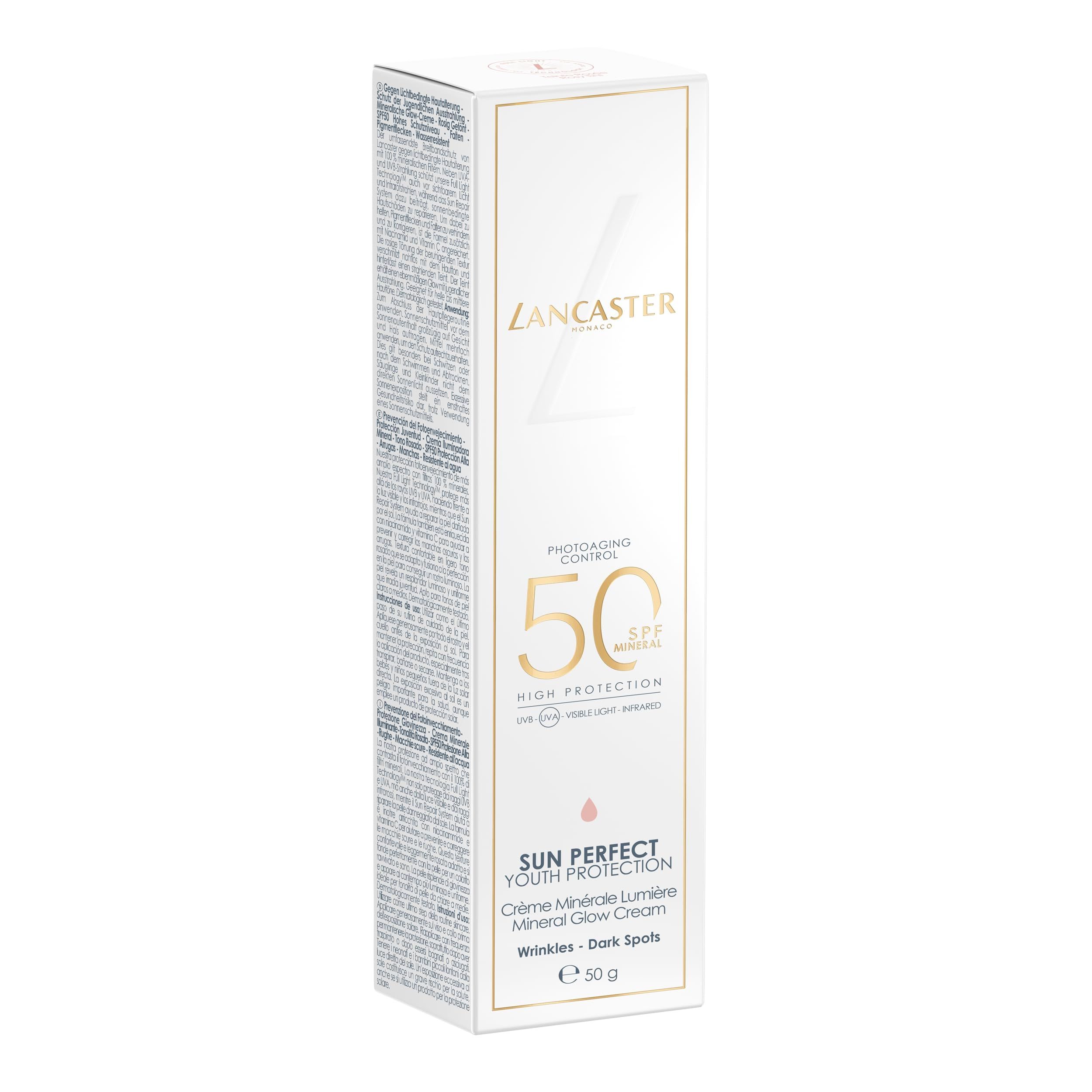 Weißer Karton mit Produktinformationen. Aufschrift: Lancaster, 50 SPF, Sun Perfect Youth Protection, Crème Minérale. 50g.