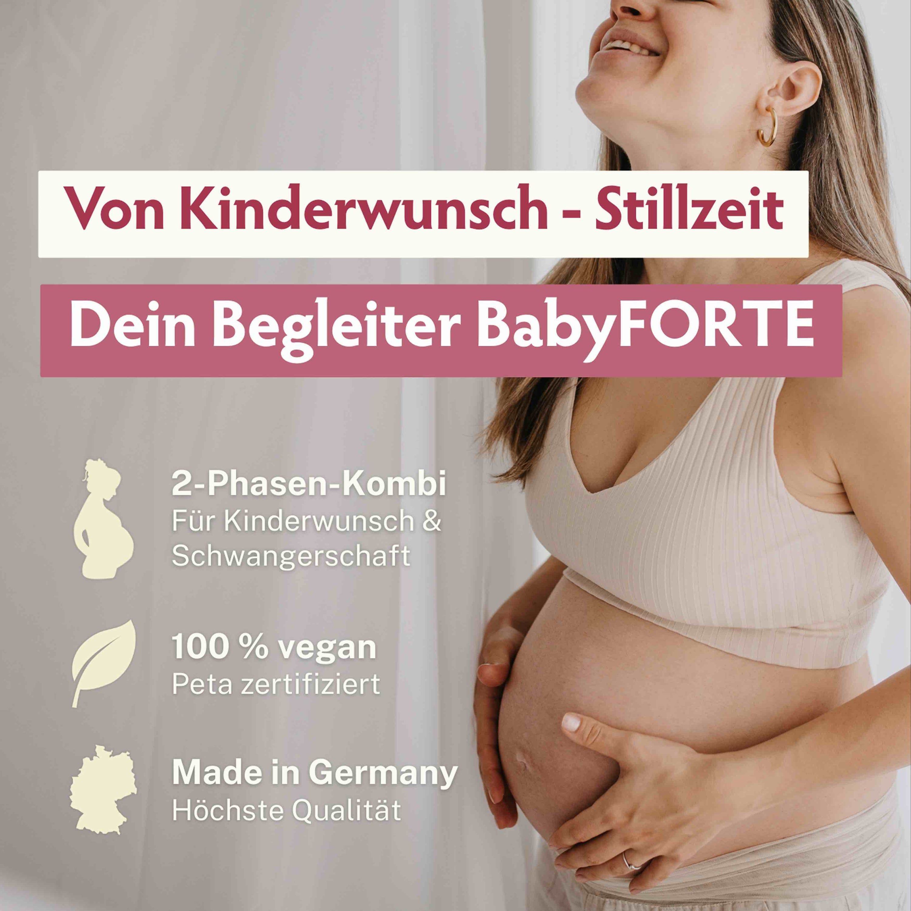 Schwangere Frau. Text: Von Kinderwunsch - Stillzeit. 2-Phasen-Kombi, 100% vegan, Peta zertifiziert, Made in Germany.