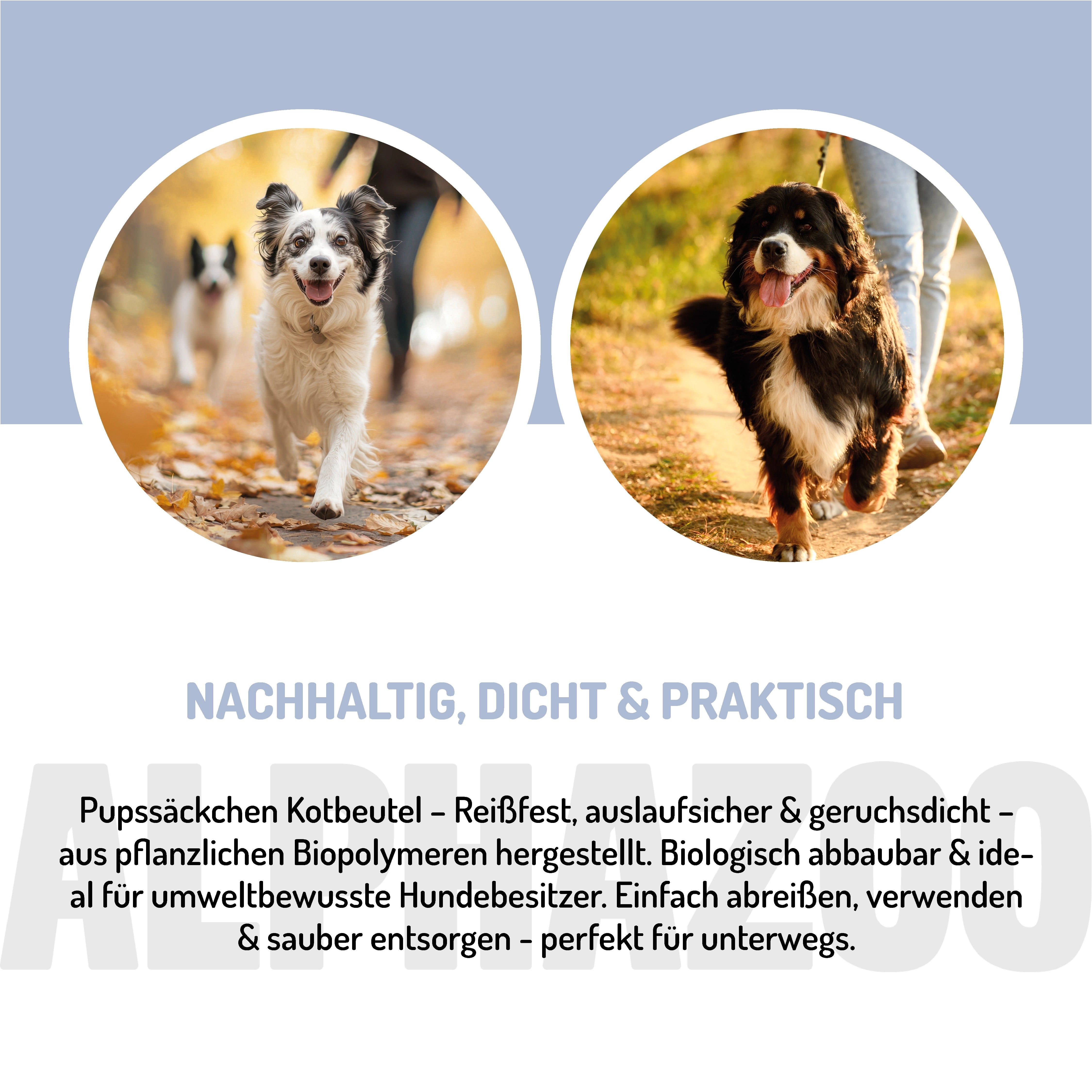 Zwei Hunde laufen auf einem Weg. Text: Nachhaltig, dicht & praktisch. Kotbeutel aus pflanzlichen Biopolymeren. Biologisch abbaubar & ideal für umweltbewusste Hundebesitzer.