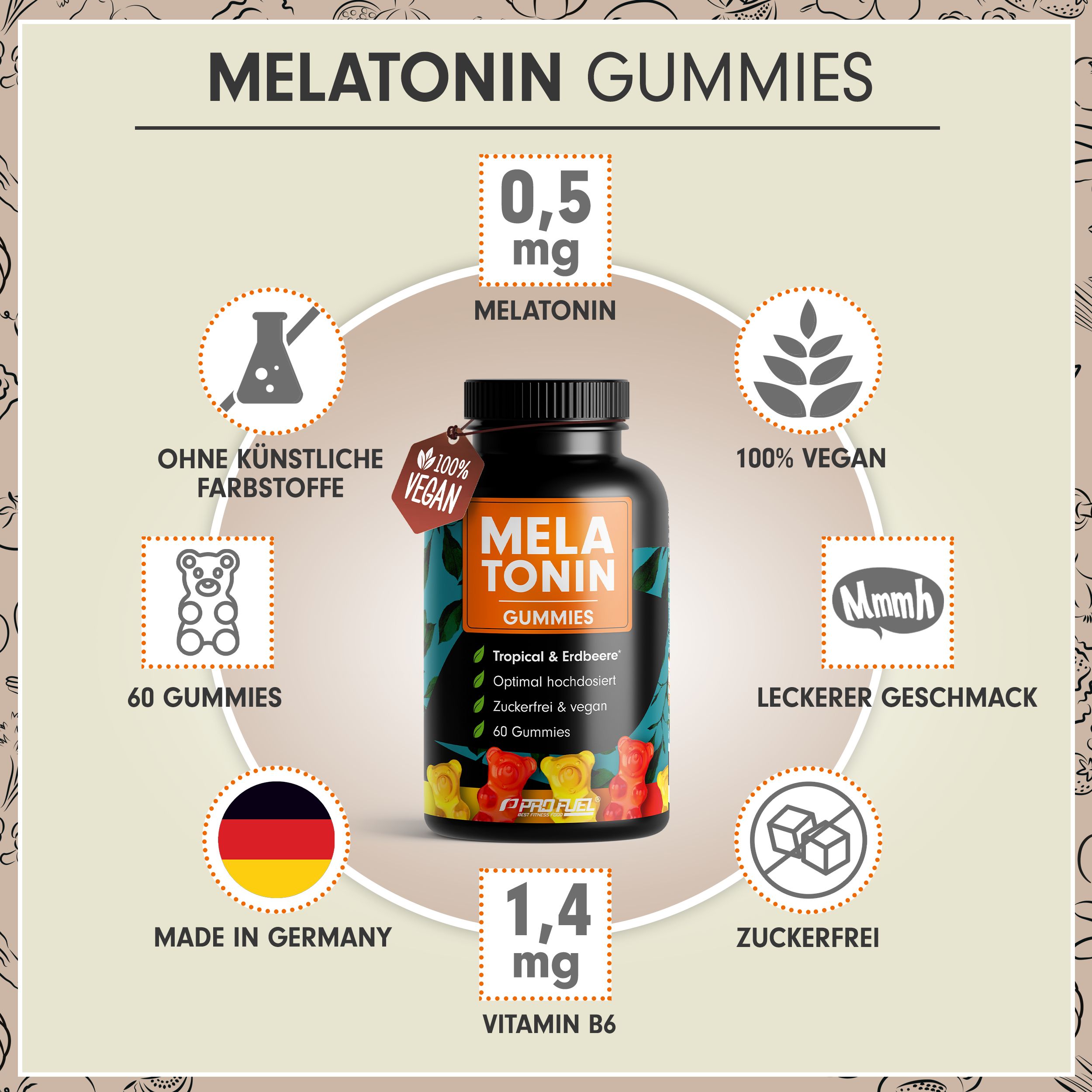 Schwarze Flasche mit Melatonin Gummies. Enthält 0,5 mg Melatonin, 1,4 mg Vitamin B6. Vegan, zuckerfrei, ohne künstliche Farbstoffe. Hergestellt in Deutschland.
