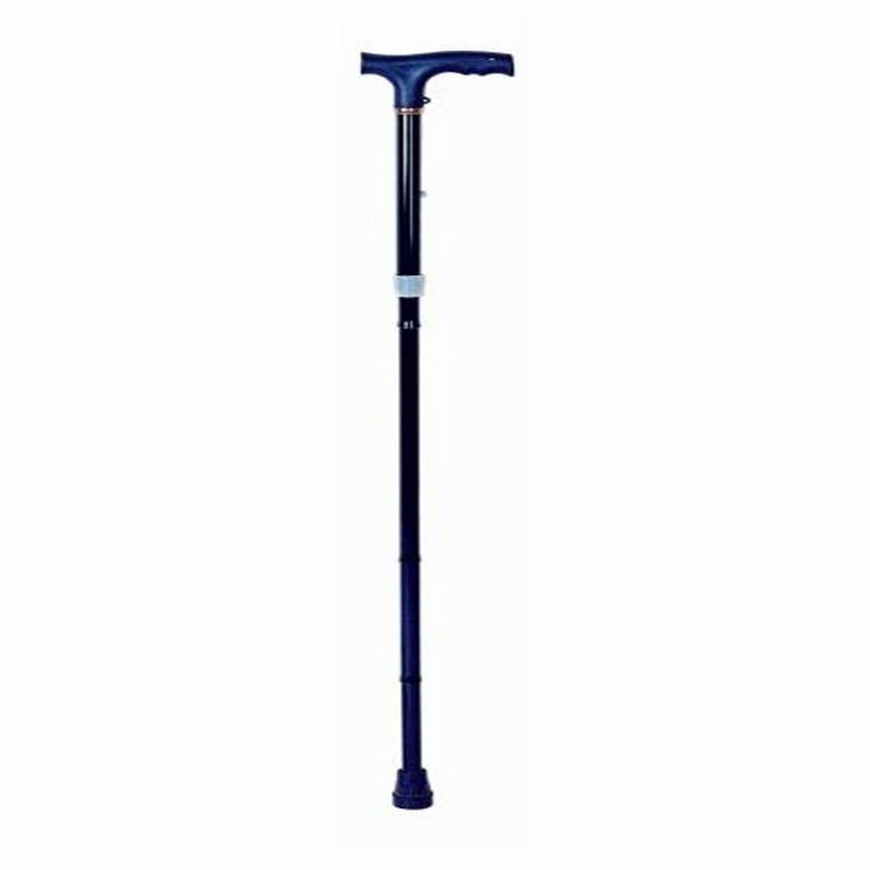 Zusammenklappbarer Gehstock aus Aluminium. Schwarzer Schaft, blauer Griff. Höhenverstellbar.