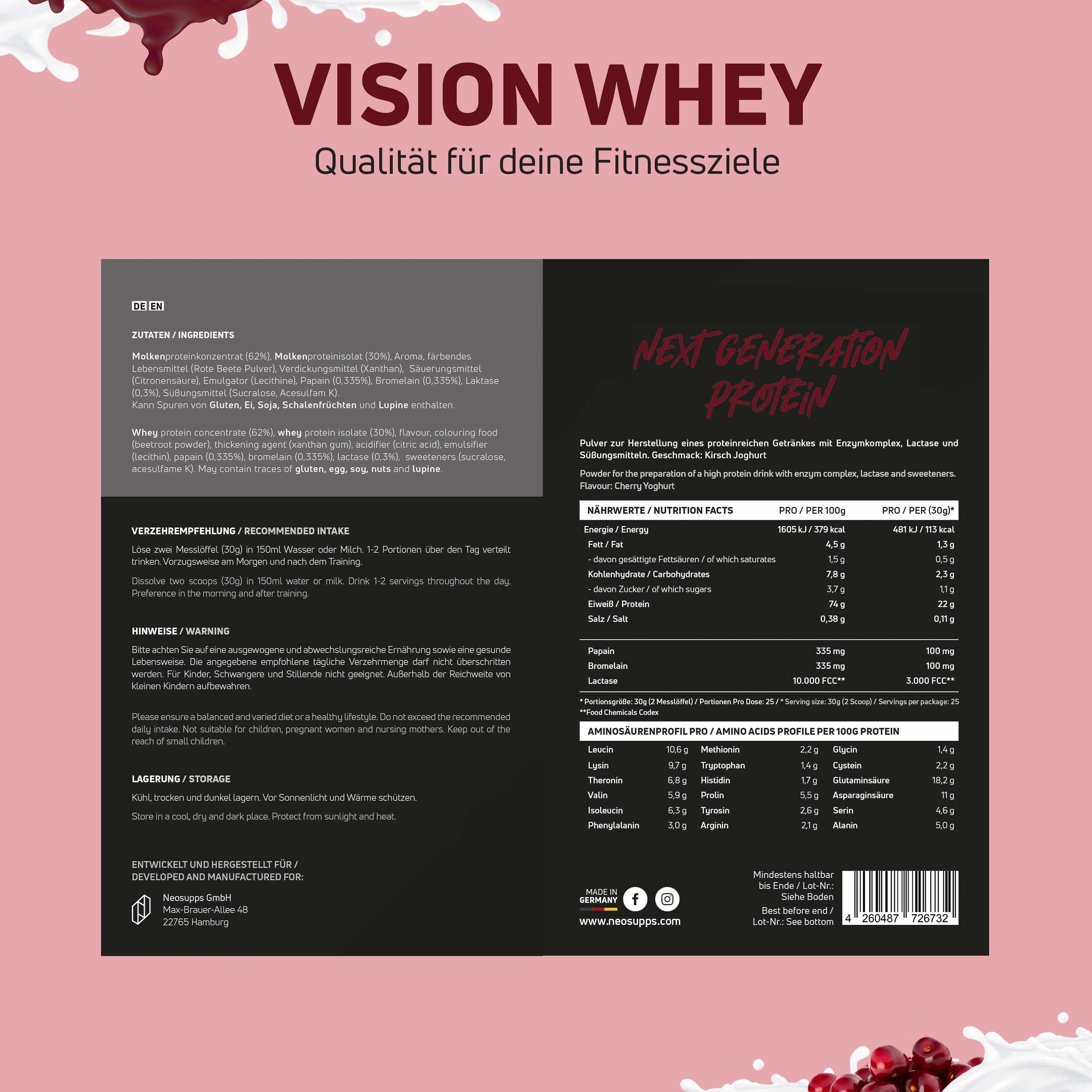 Produktinformationen auf schwarzem Hintergrund. Text: Vision Whey, Nährwertangaben, Zutaten, Verzehrempfehlung, Hinweise, Lagerung.