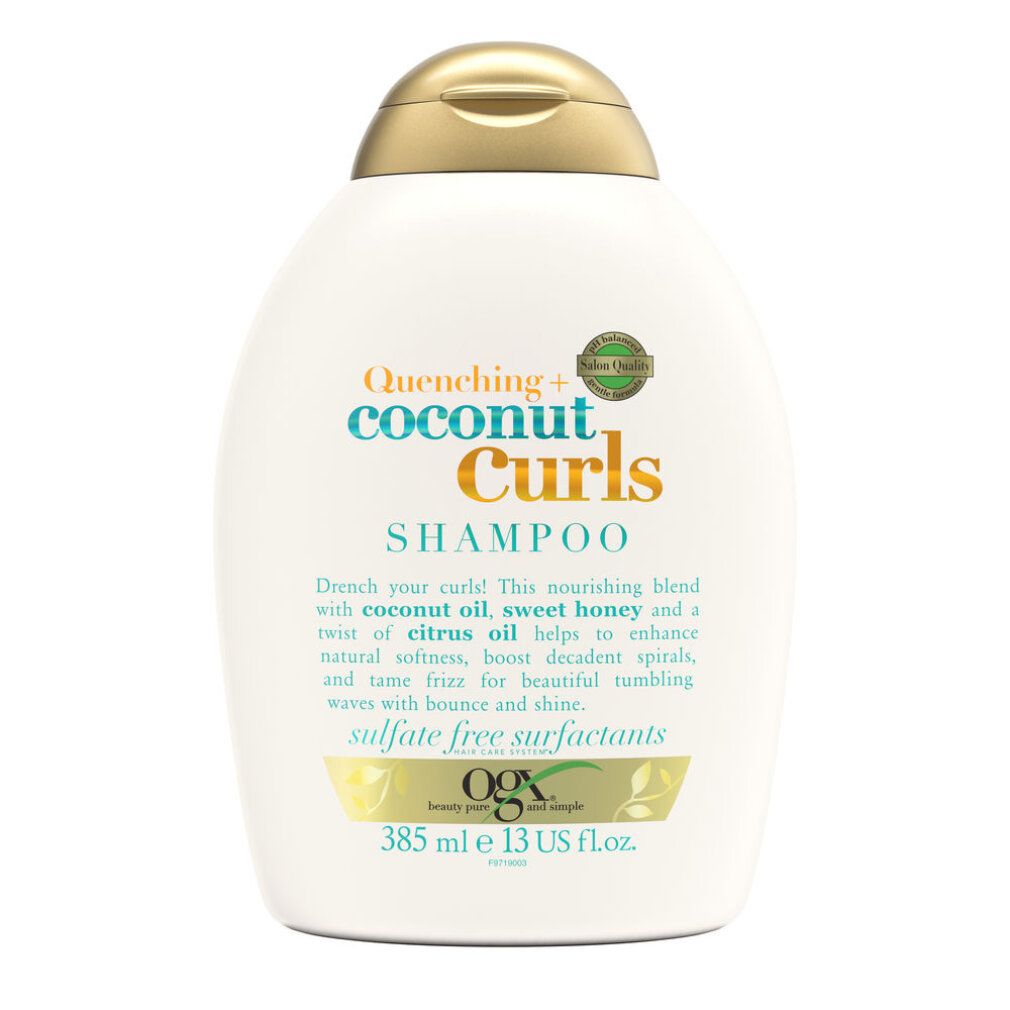 Weiße Shampoo-Flasche mit goldfarbenem Deckel. Aufschrift: Quenching+ Coconut Curls Shampoo. 385 ml.
