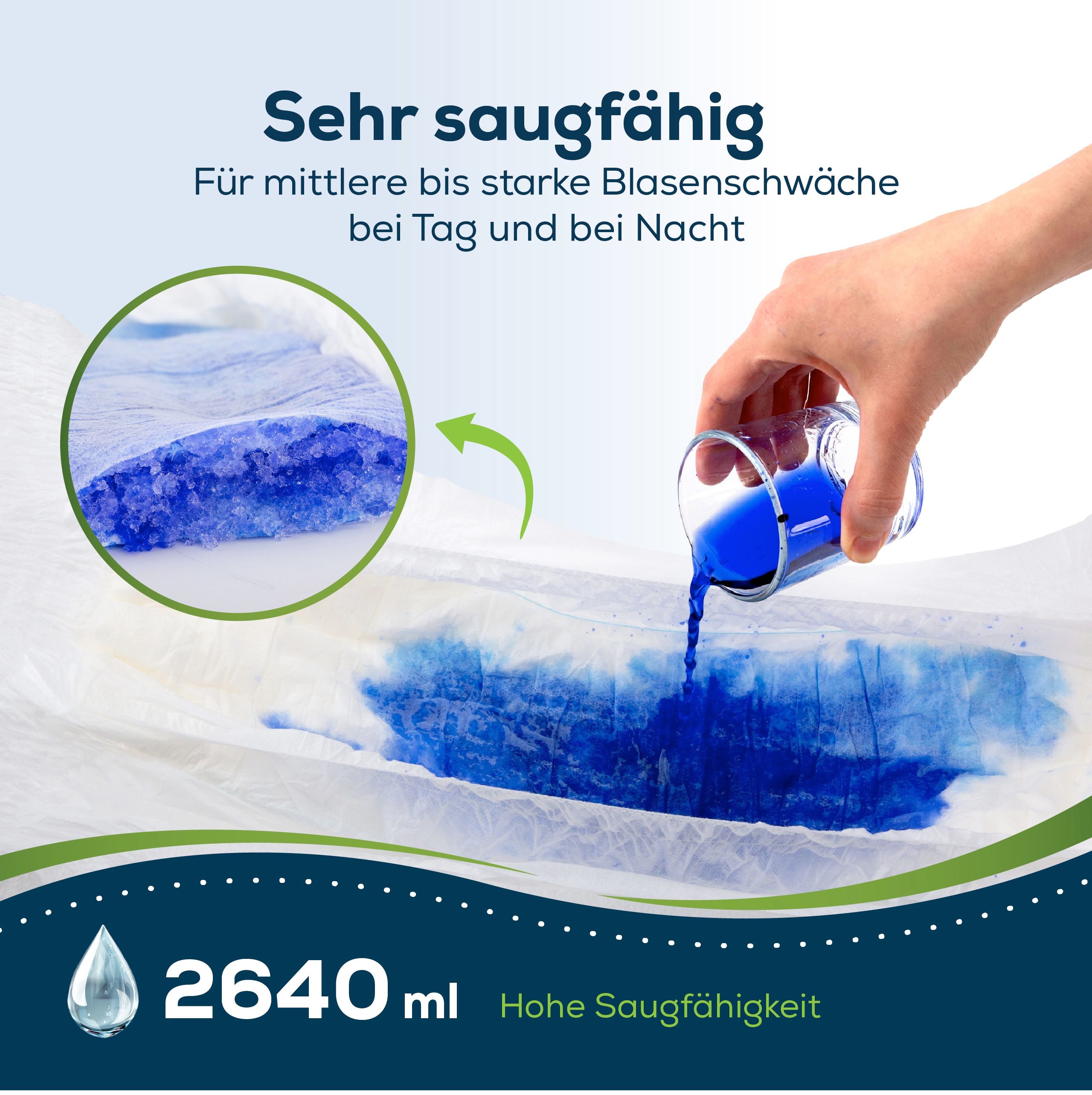 Windelhose mit hoher Saugfähigkeit. 2640 ml. Flüssigkeit wird in Gel umgewandelt. Illustration.