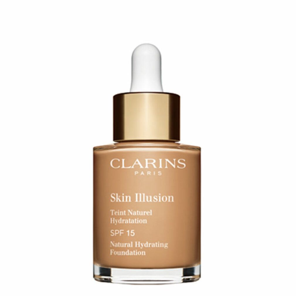 Flüssige Foundation in Glasflasche mit Pipette. Aufschrift: Clarins, Skin Illusion, Teint Naturel Hydratation, SPF 15, Natural Hydrating Foundation.
